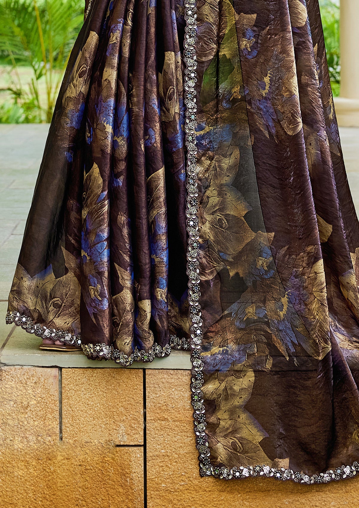 Dark Chocolate Embellished Satin Silk Saree