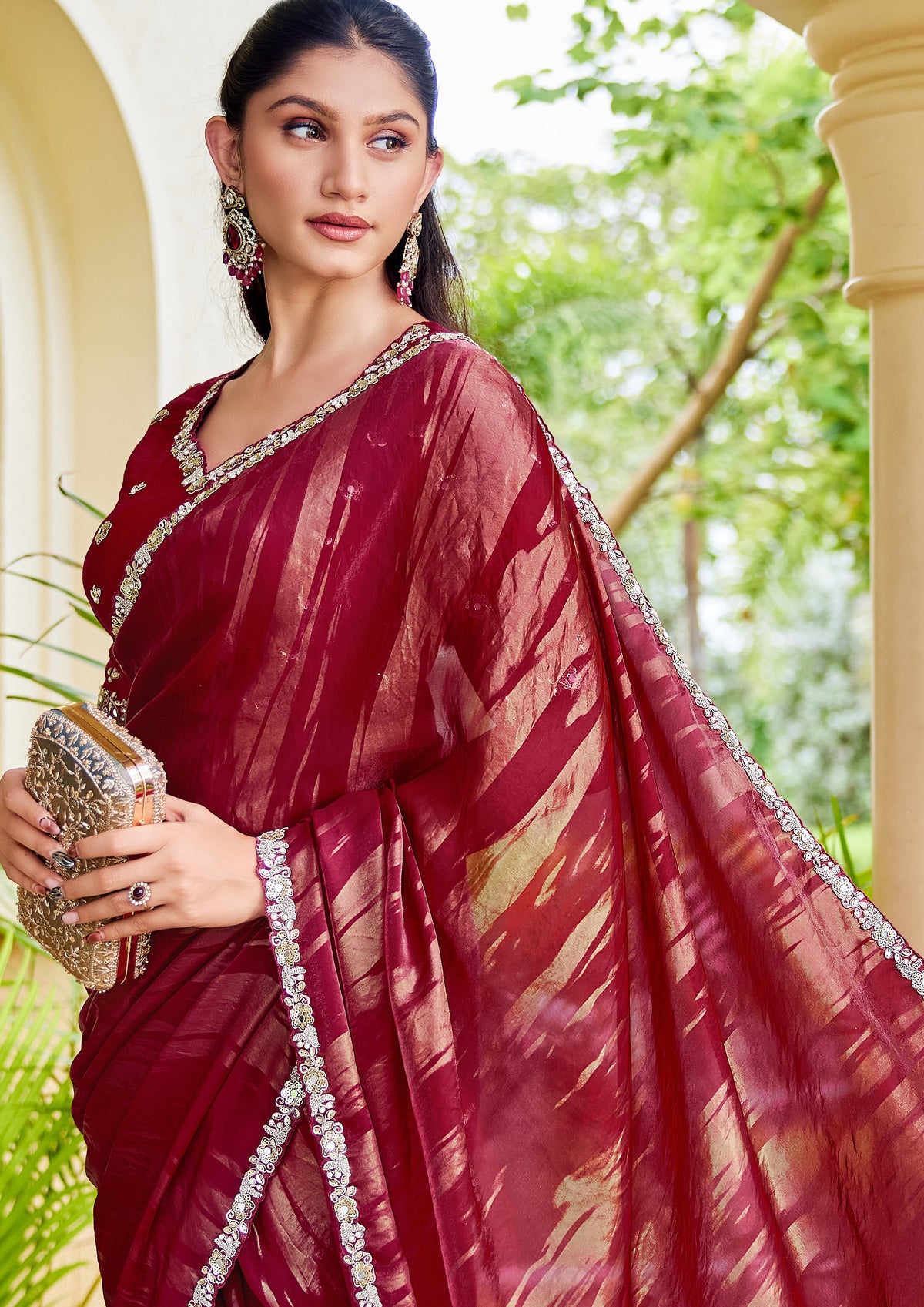 Raspberry Pink Embellished Satin Silk Saree