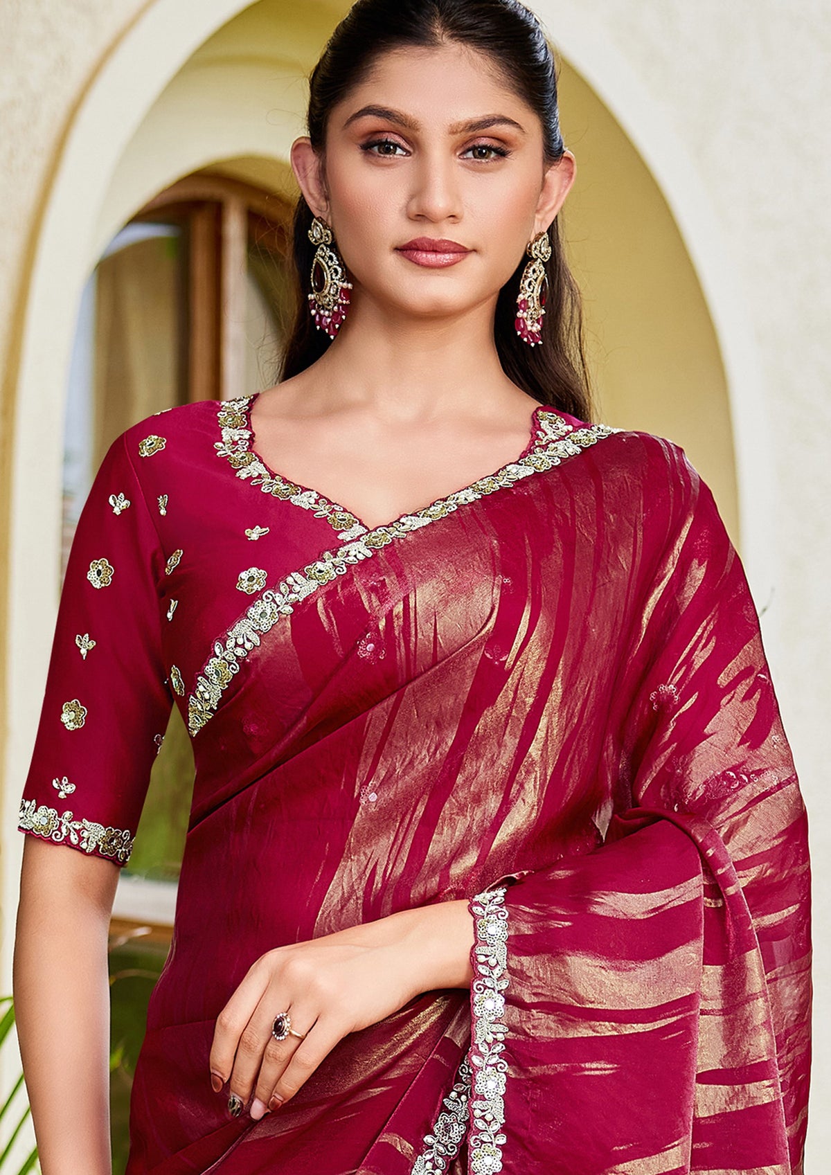 Raspberry Pink Embellished Satin Silk Saree