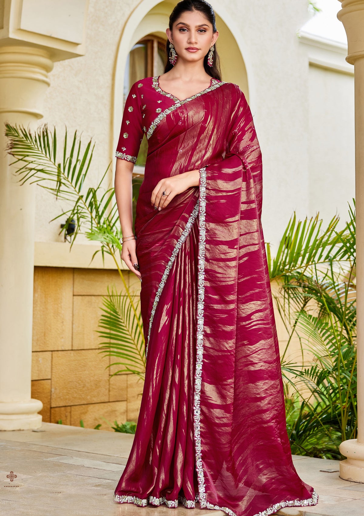 Raspberry Pink Embellished Satin Silk Saree