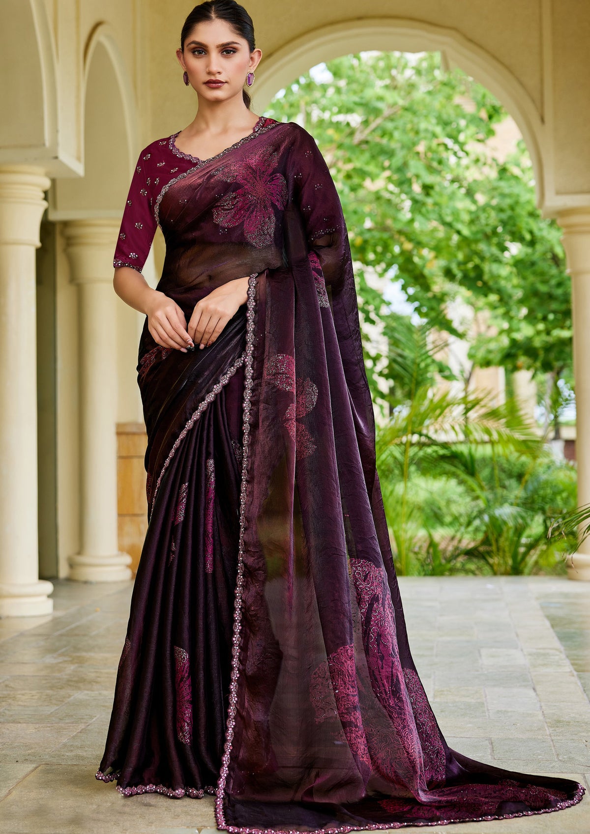 Wine Floral Printed Satin Silk Saree