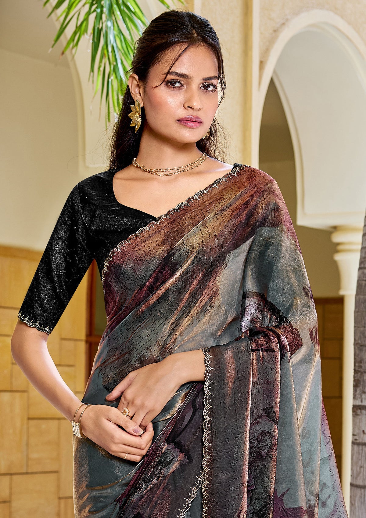 Bronze and Grey Printed Satin Silk Saree