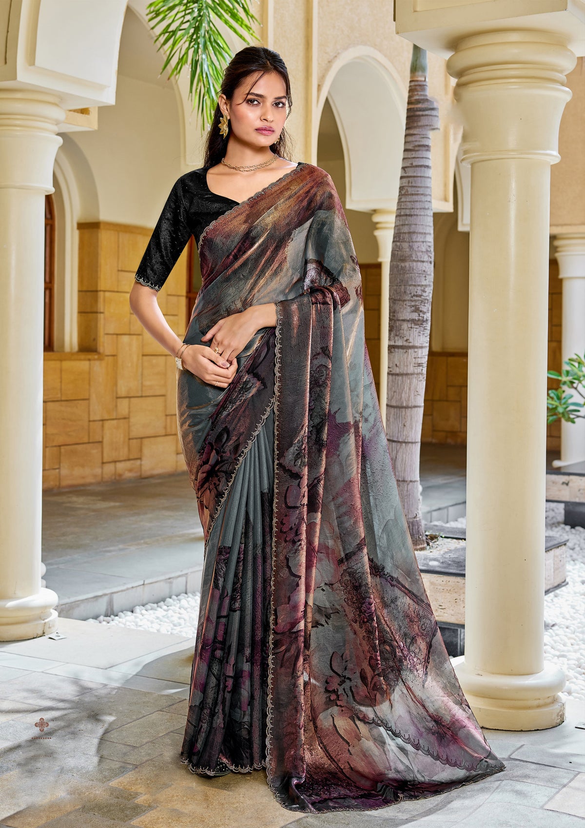 Bronze and Grey Printed Satin Silk Saree