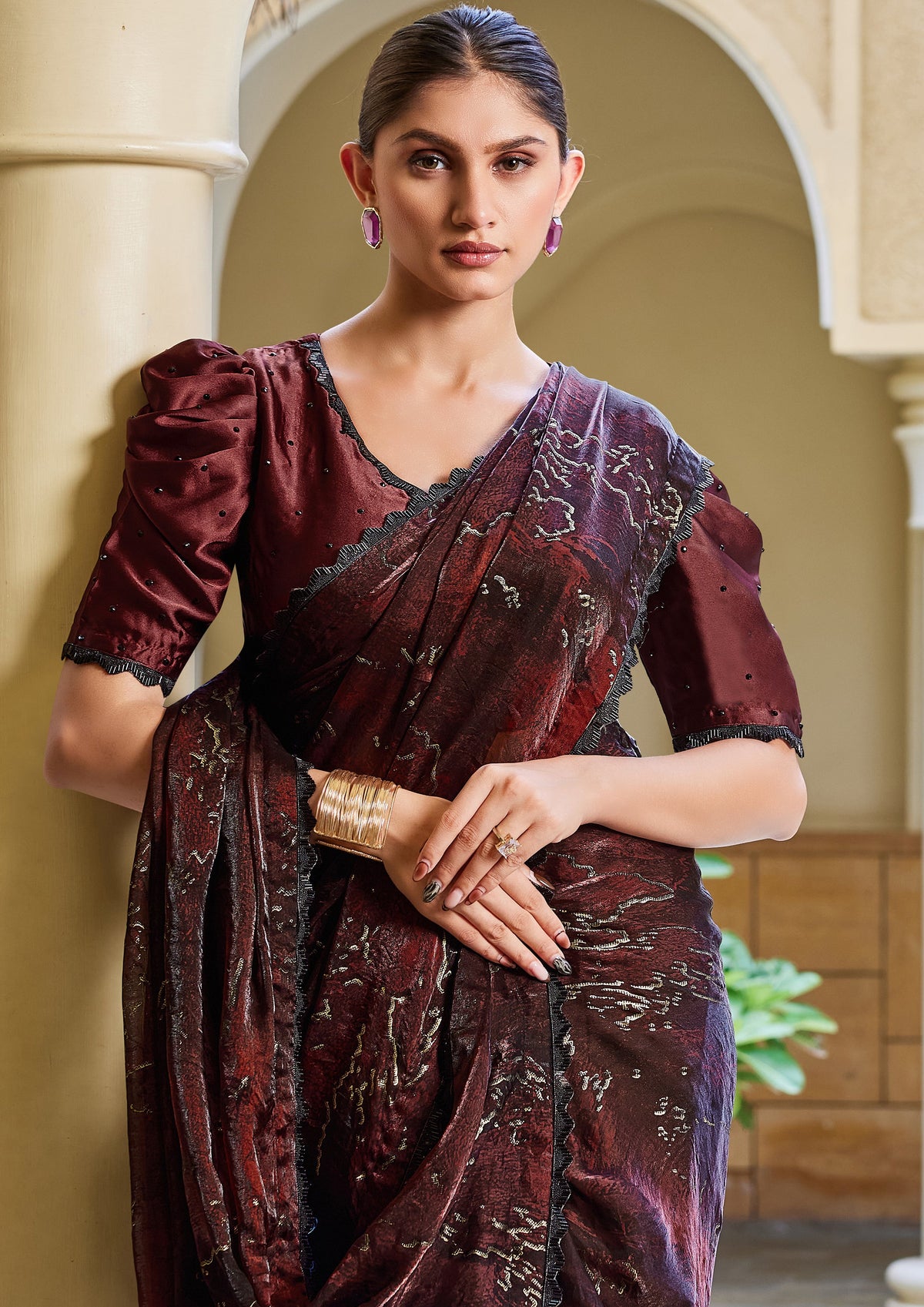 Maroon and Black Embellished Satin Silk Saree