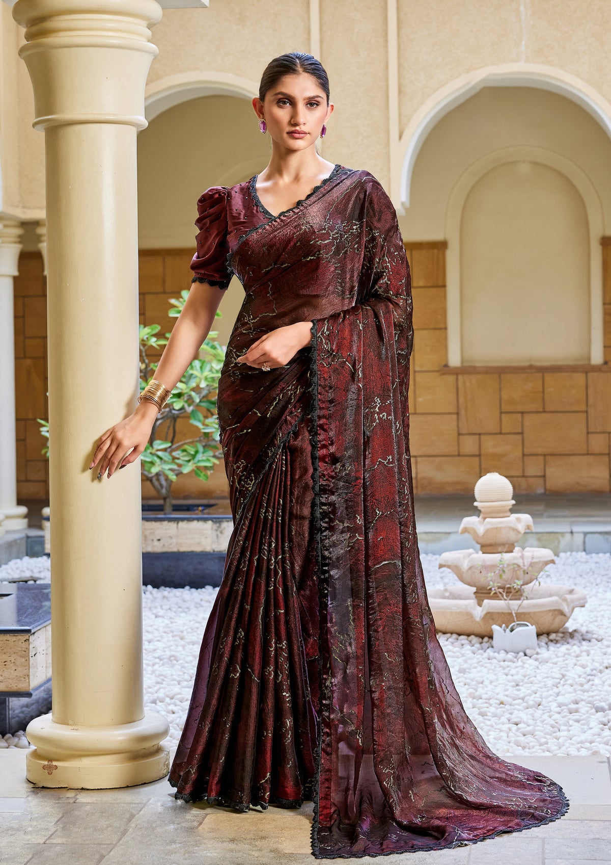 Maroon and Black Embellished Satin Silk Saree