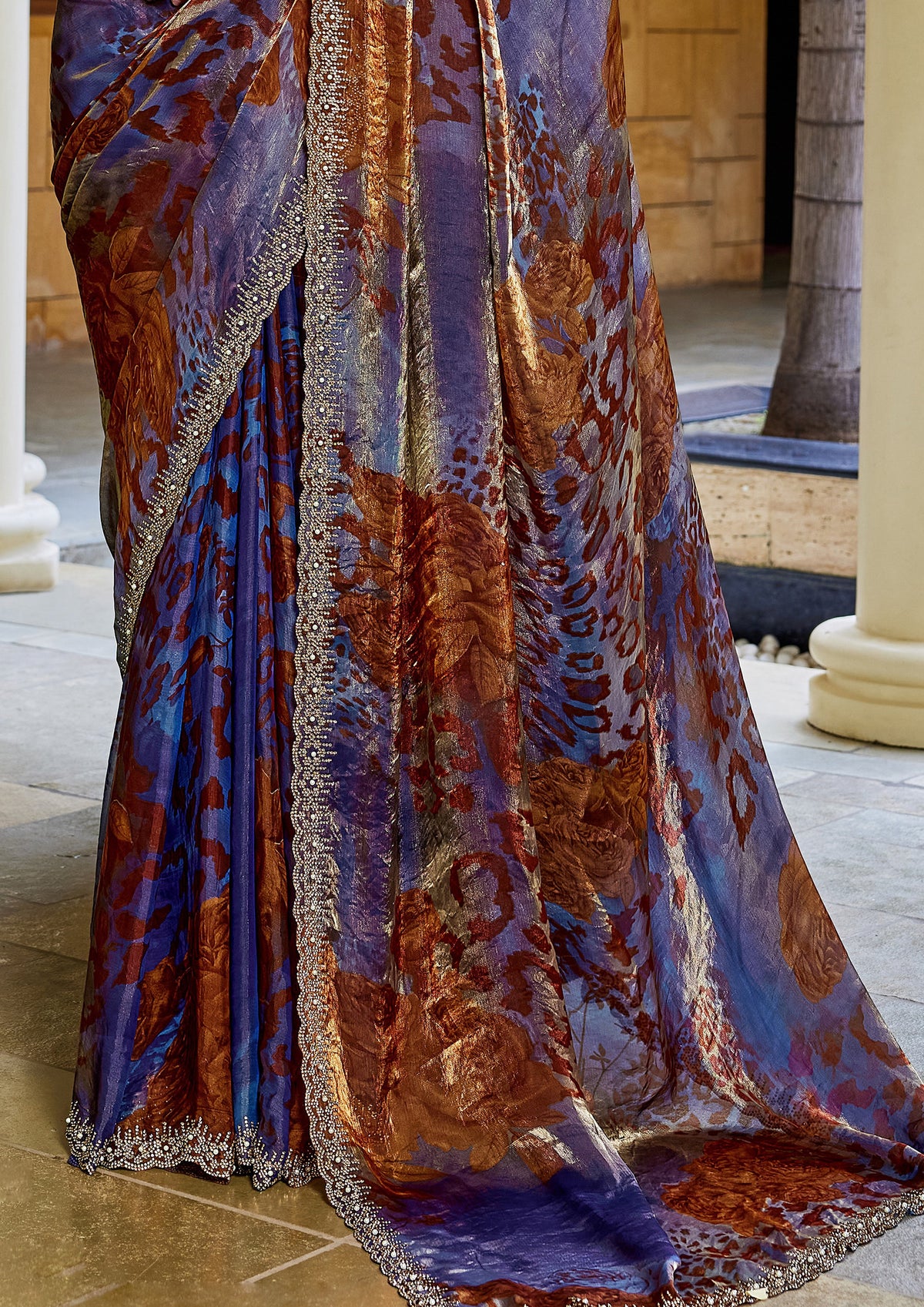 Blue Panther Printed Satin Silk Saree