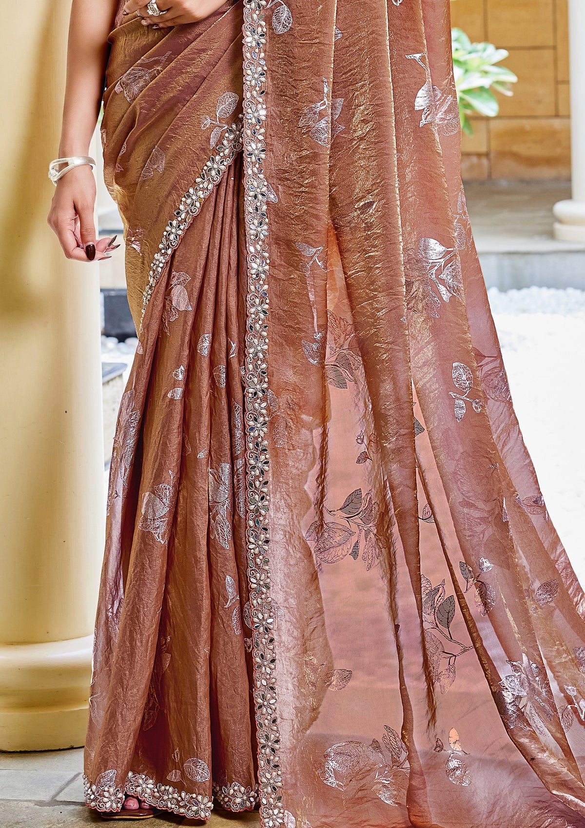 Light Brown Embellished Satin Silk Saree