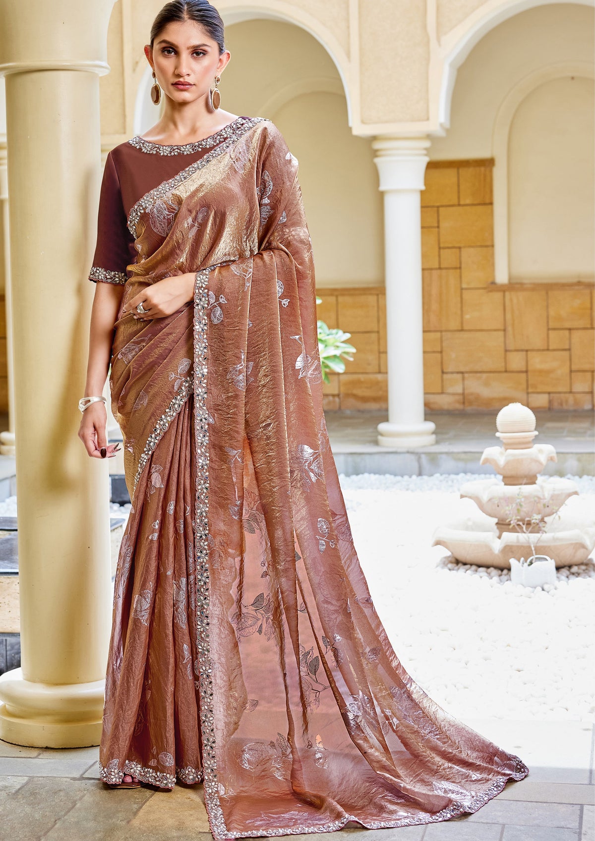Light Brown Embellished Satin Silk Saree
