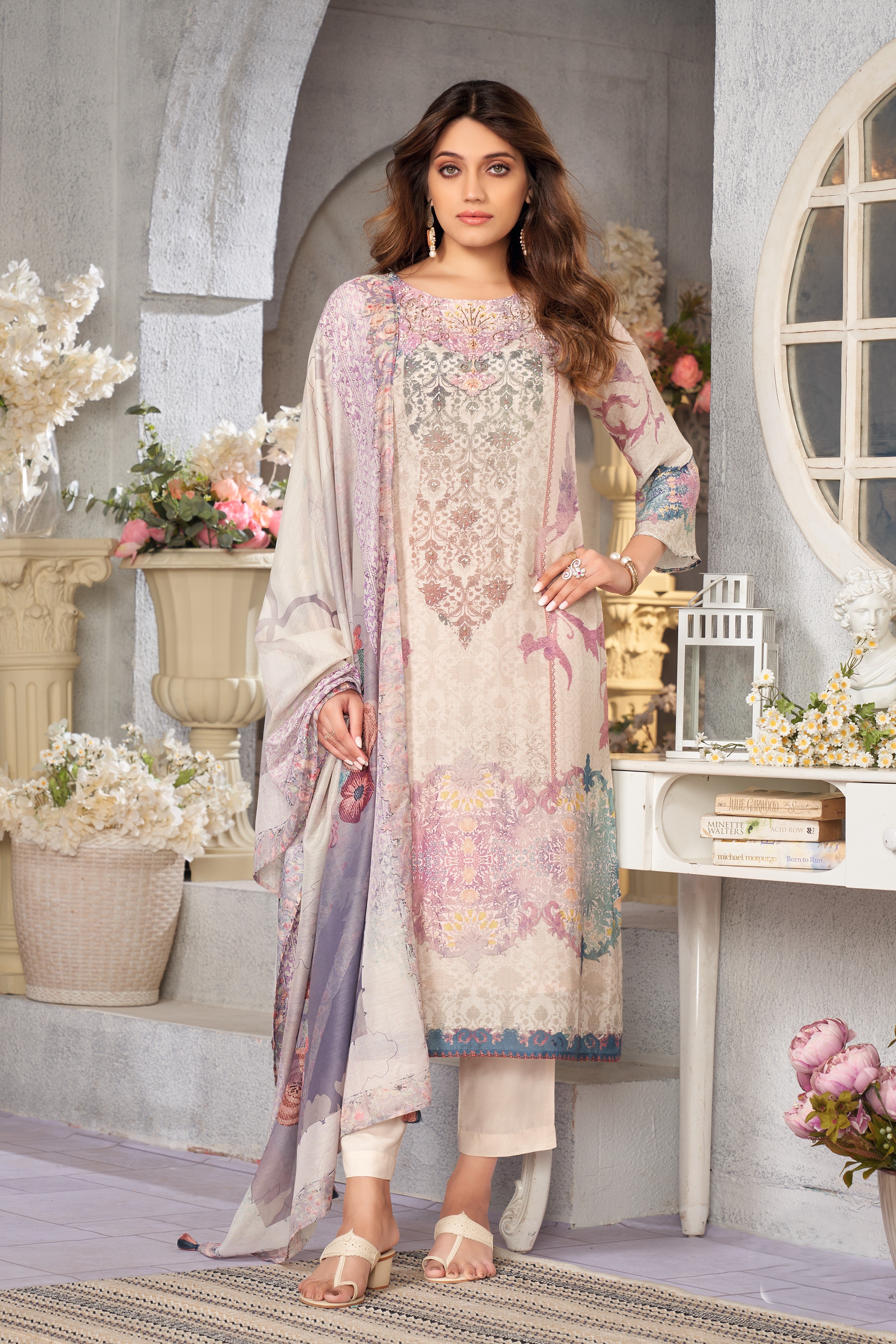 Charming Cream Ethnic Printed Crepe Silk Kurta Pant Set