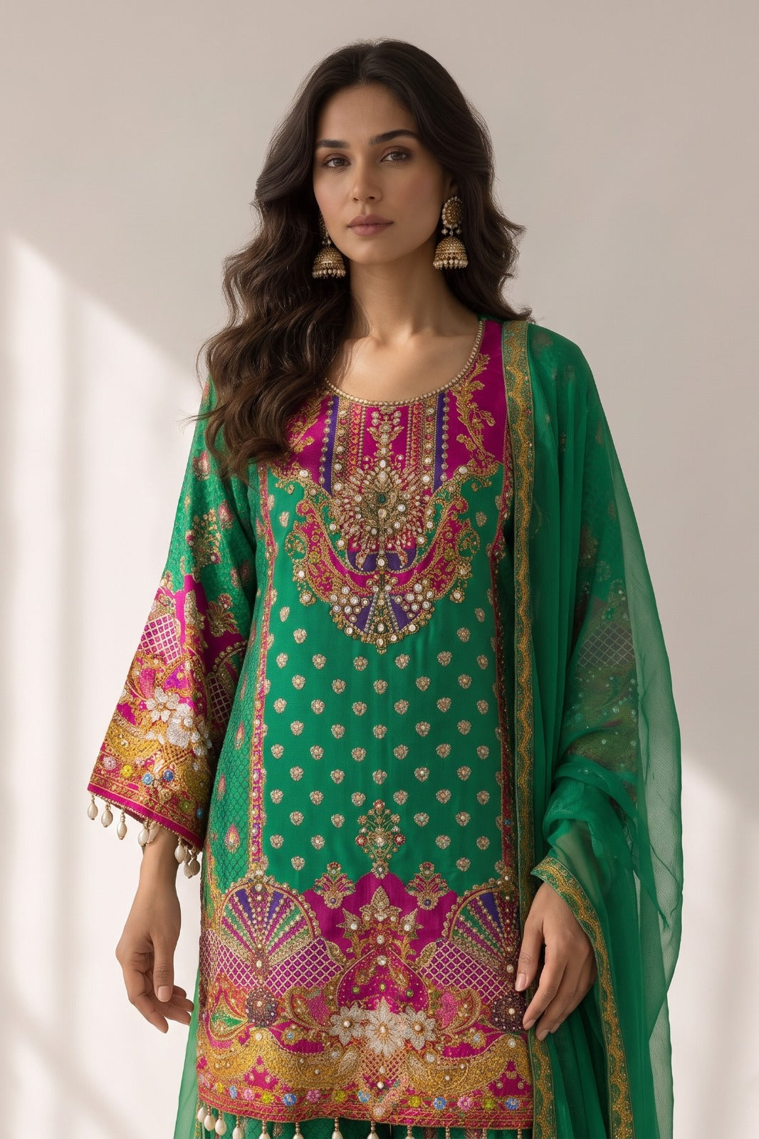 Vibrant Green Embellished Premium Crepe Silk Palazzo Set