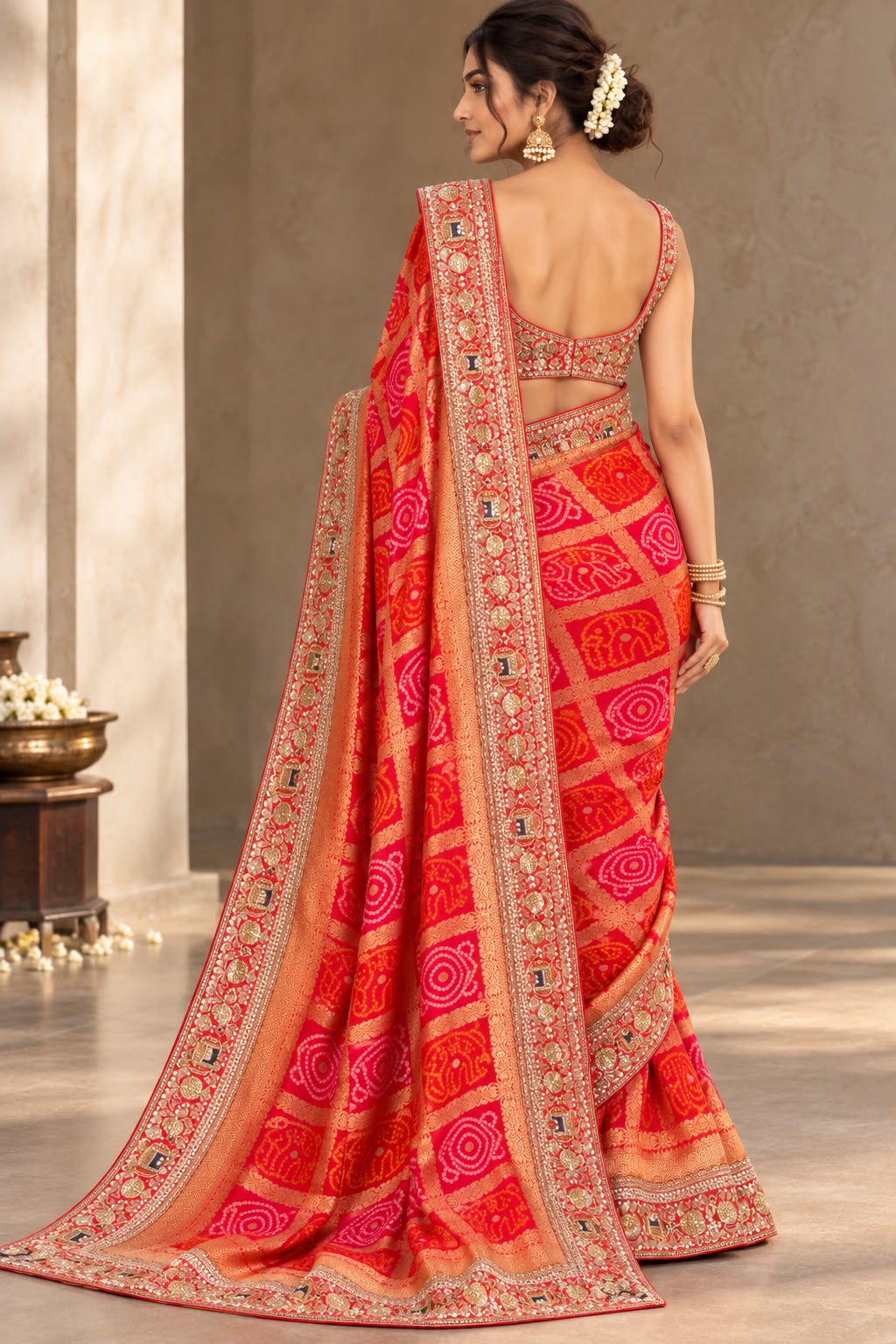 Classic Red Bandhej Floral Georgette Silk Saree