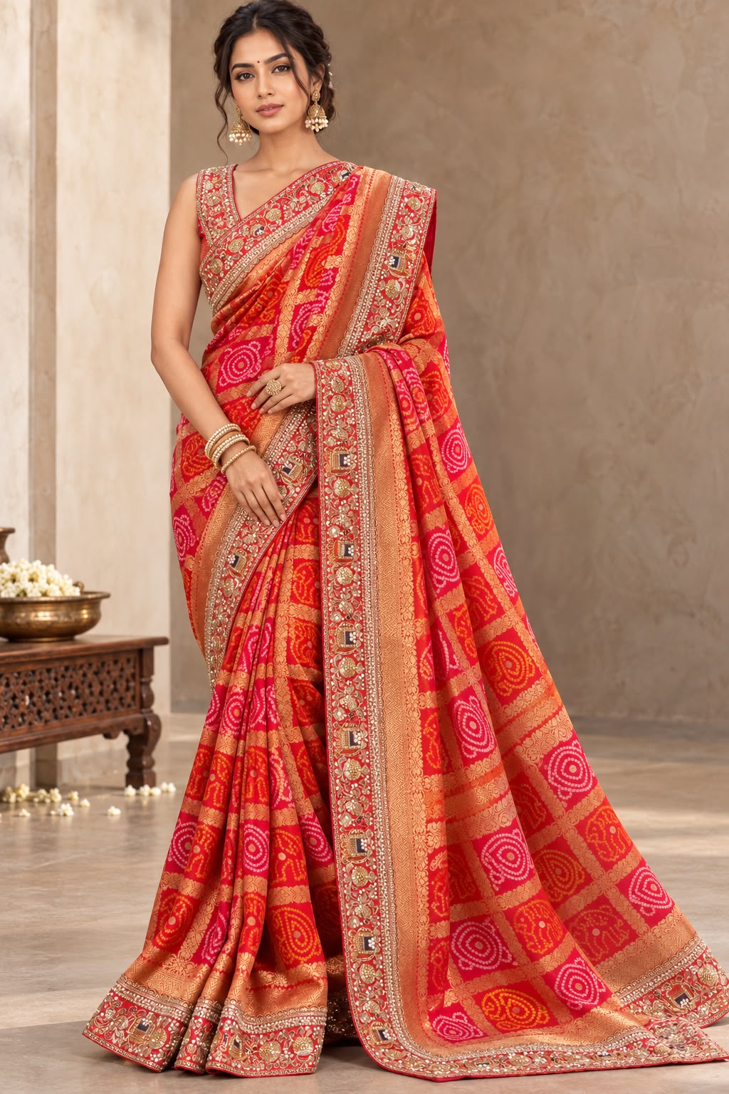 Classic Red Bandhej Floral Georgette Silk Saree