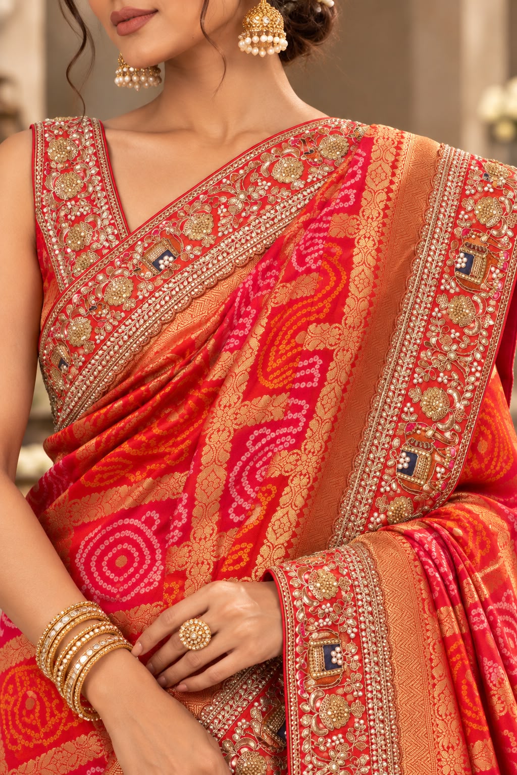 Classic Red Bandhej Floral Georgette Silk Saree