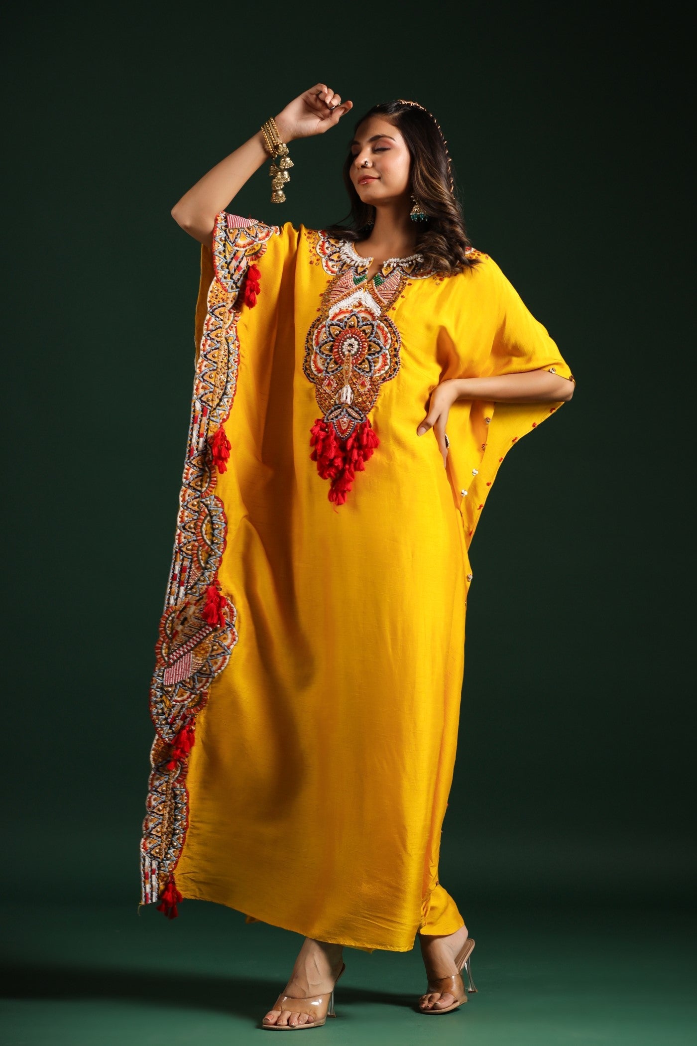 Festive Yellow Embellished Kaftan Pants Set