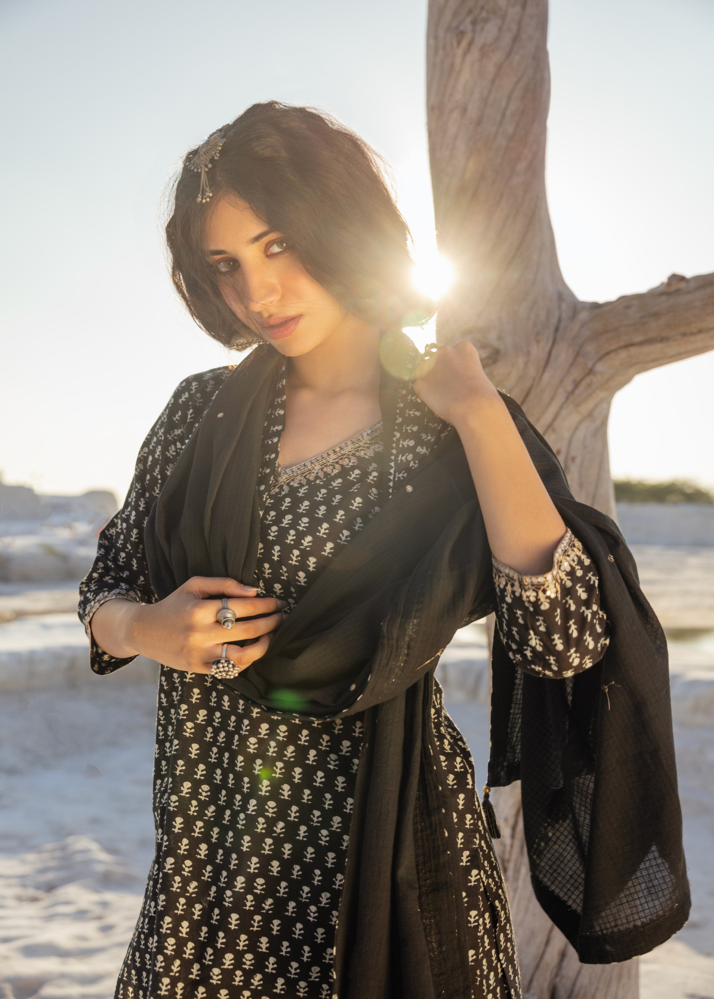 Black Block Printed Organic Cotton Sharara Set