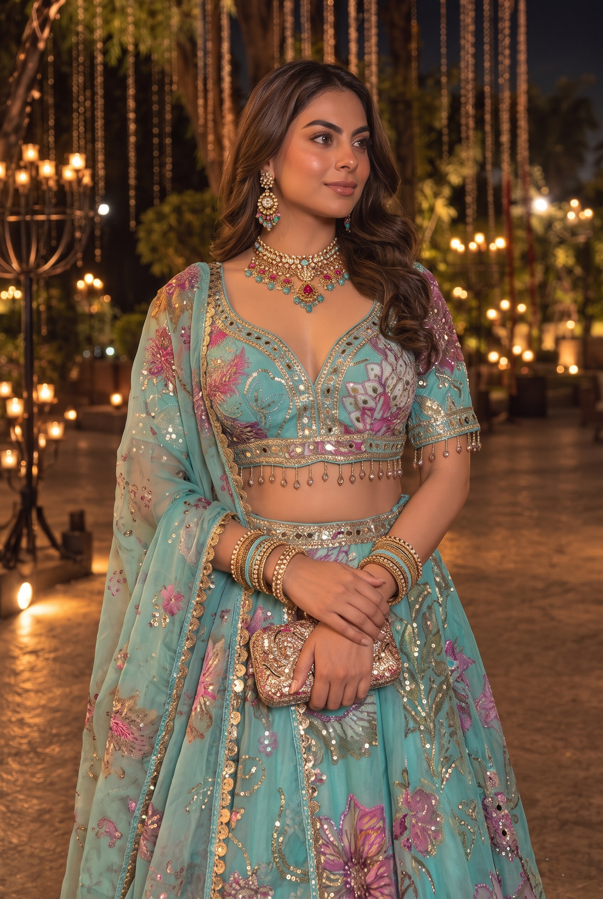 Sky Aqua Embellished Organza Silk Lehenga Set