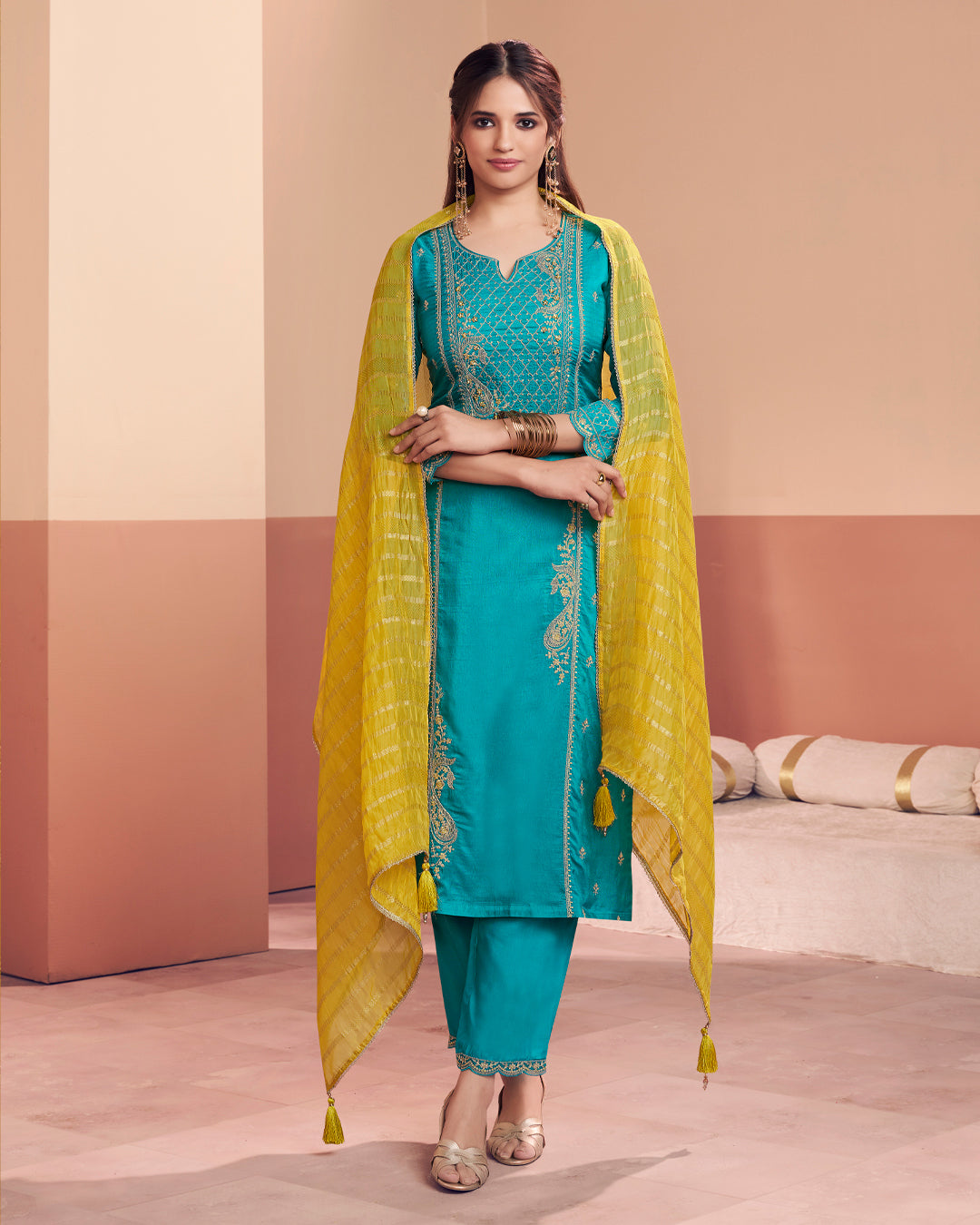 Cerulean Sun-Grace Embellished Dola Silk Pant Set