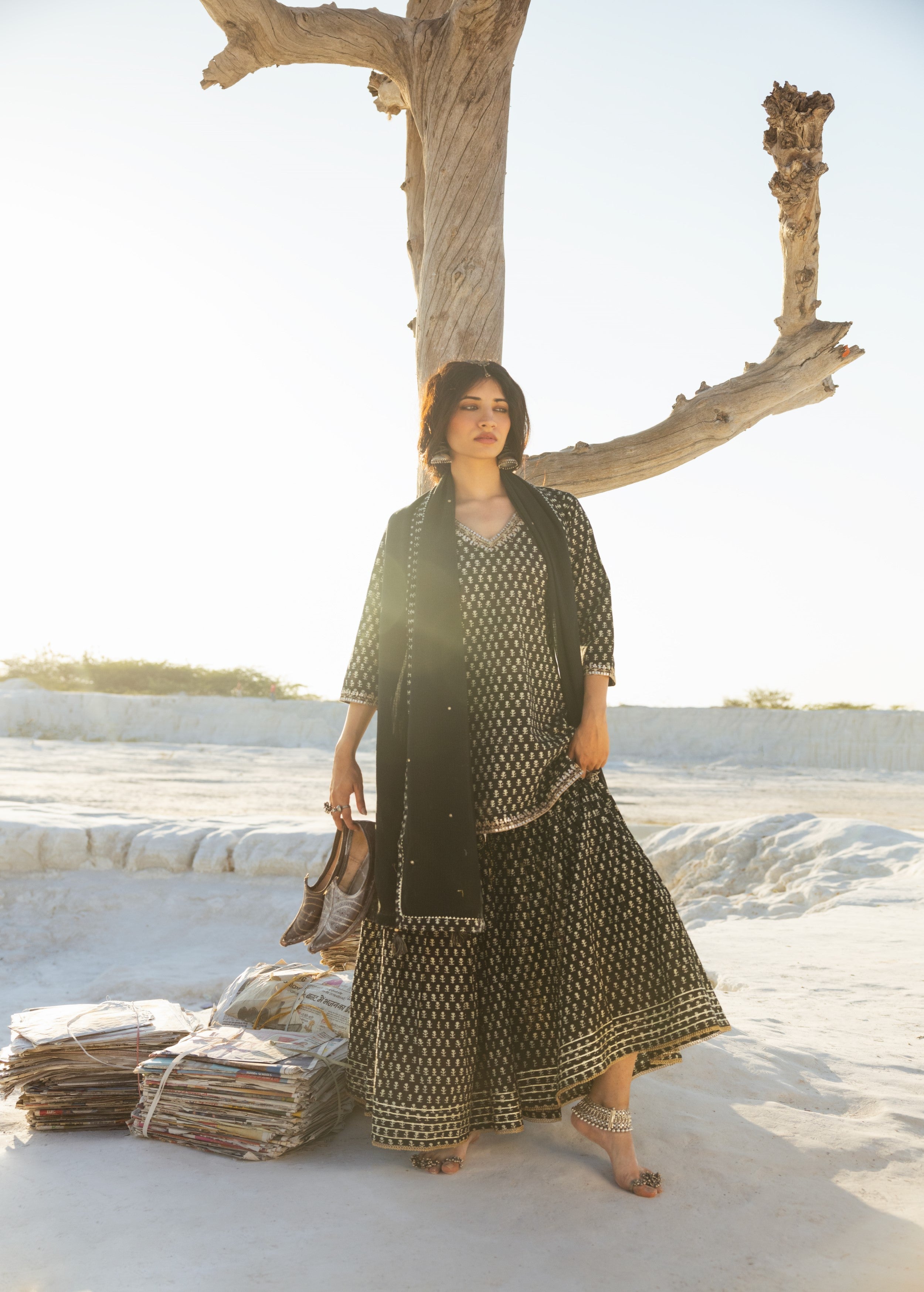 Black Block Printed Organic Cotton Sharara Set