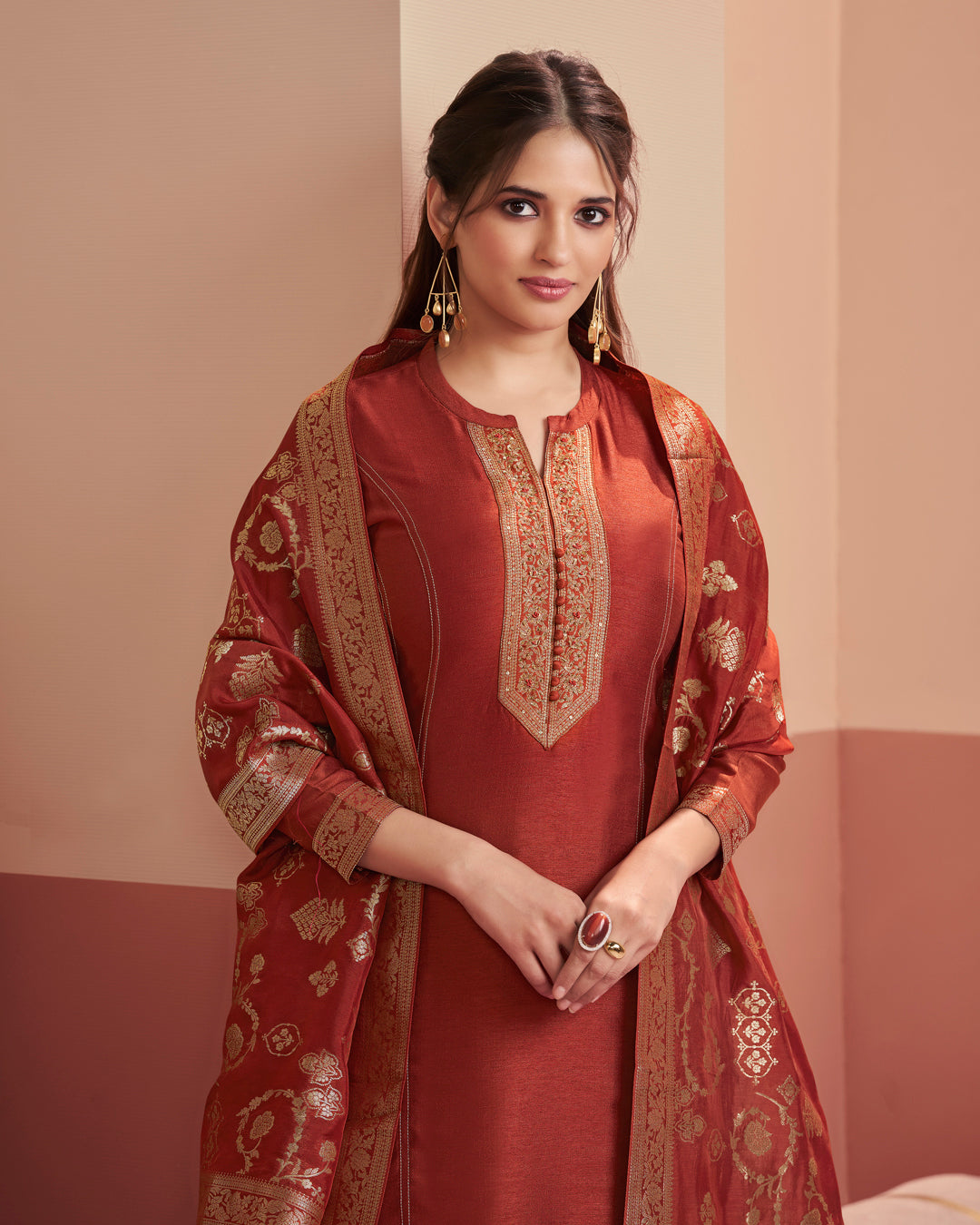 Crimson Royale Embellished Vichitra Silk Pant Set