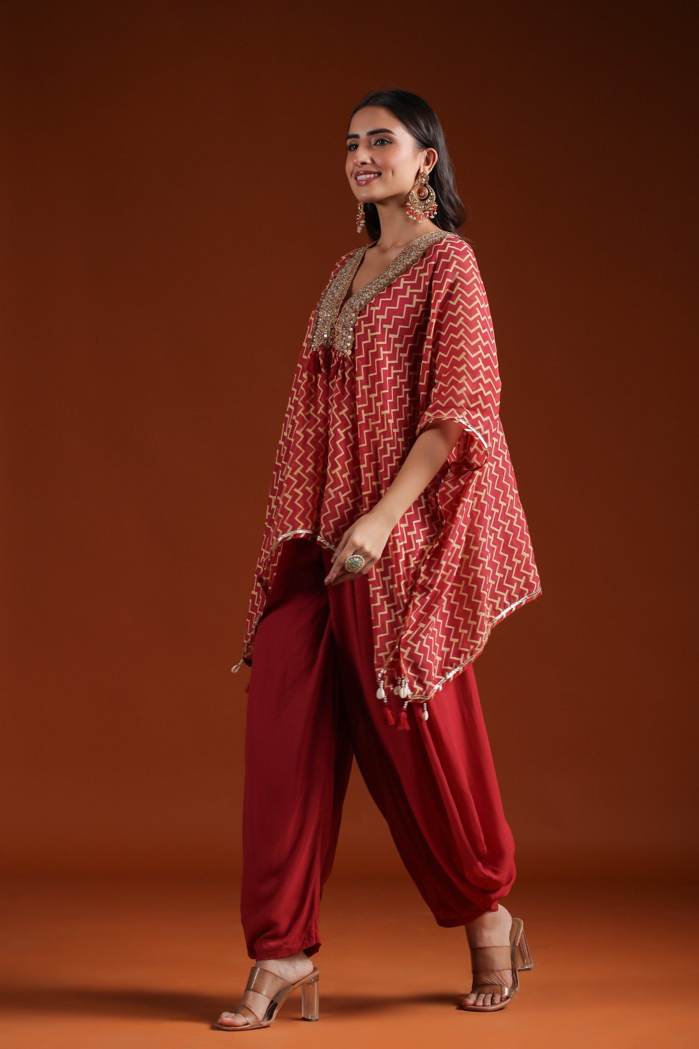 Rustic Red Chevron Organza Silk Kaftan with Palazzo