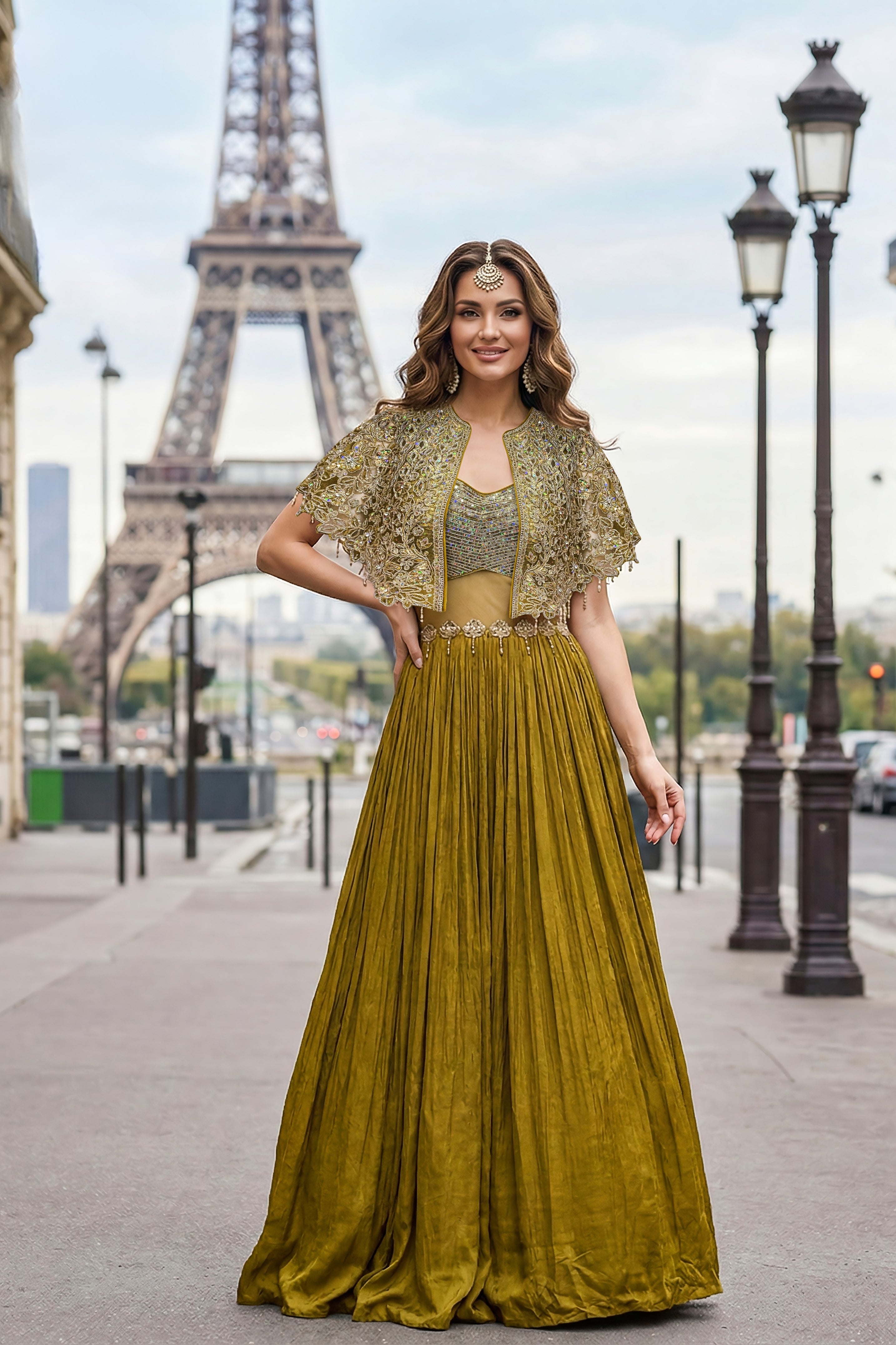 Mustard Green Embellished Premium Silk Gown