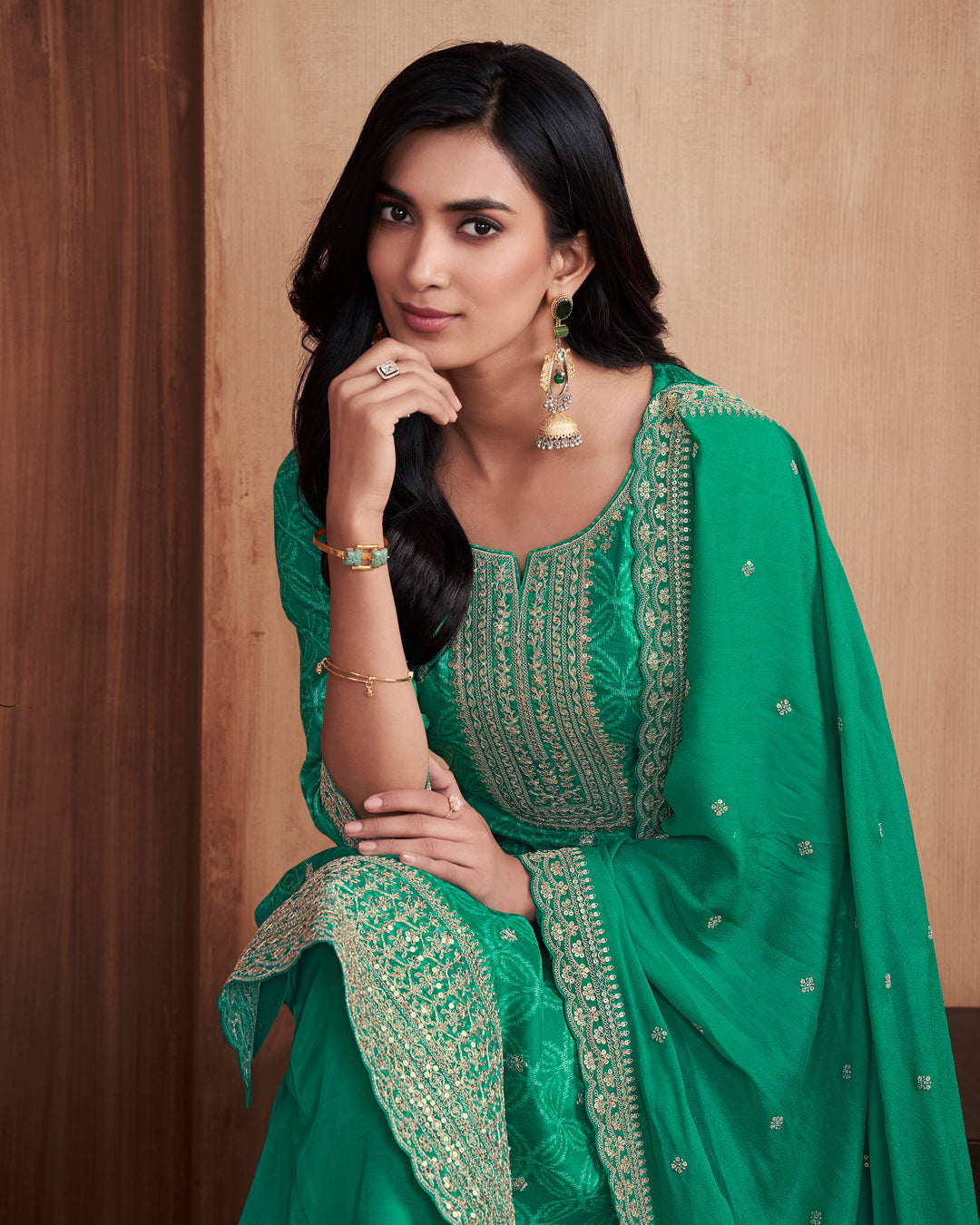 Emerald Regal Embellished Dola Silk Pant Set