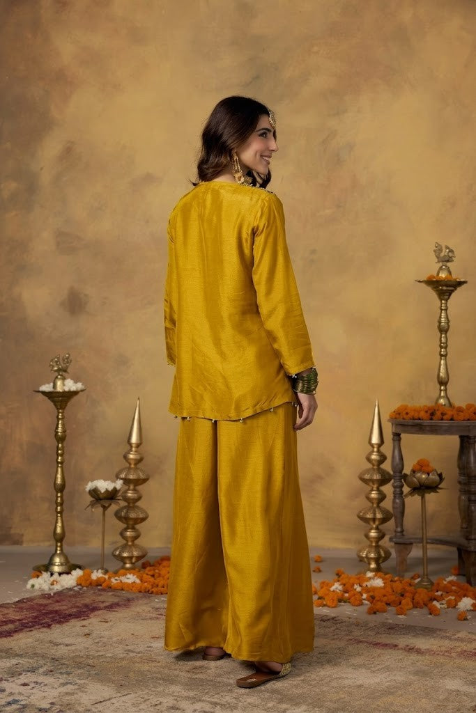 Mustard Yellow Embellished Raw Silk Palazzo Set