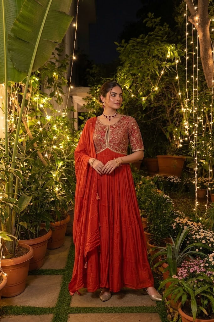 Zest Orange Embellished Georgette Silk Anarkali Set