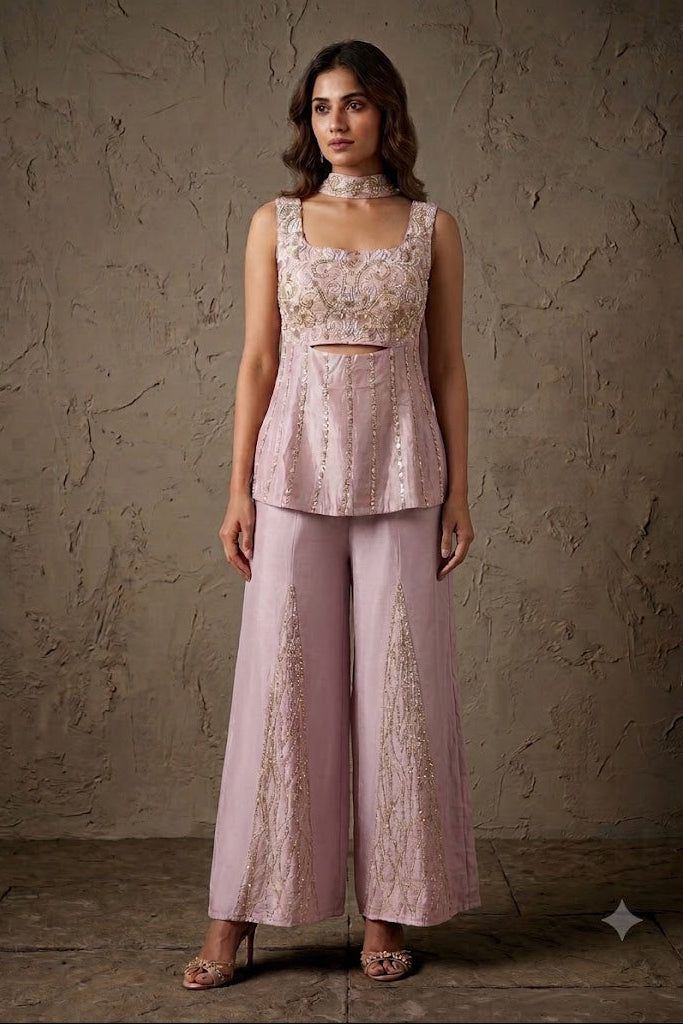 Bubblegum Pink Embellished Crepe Silk Palazzo Set
