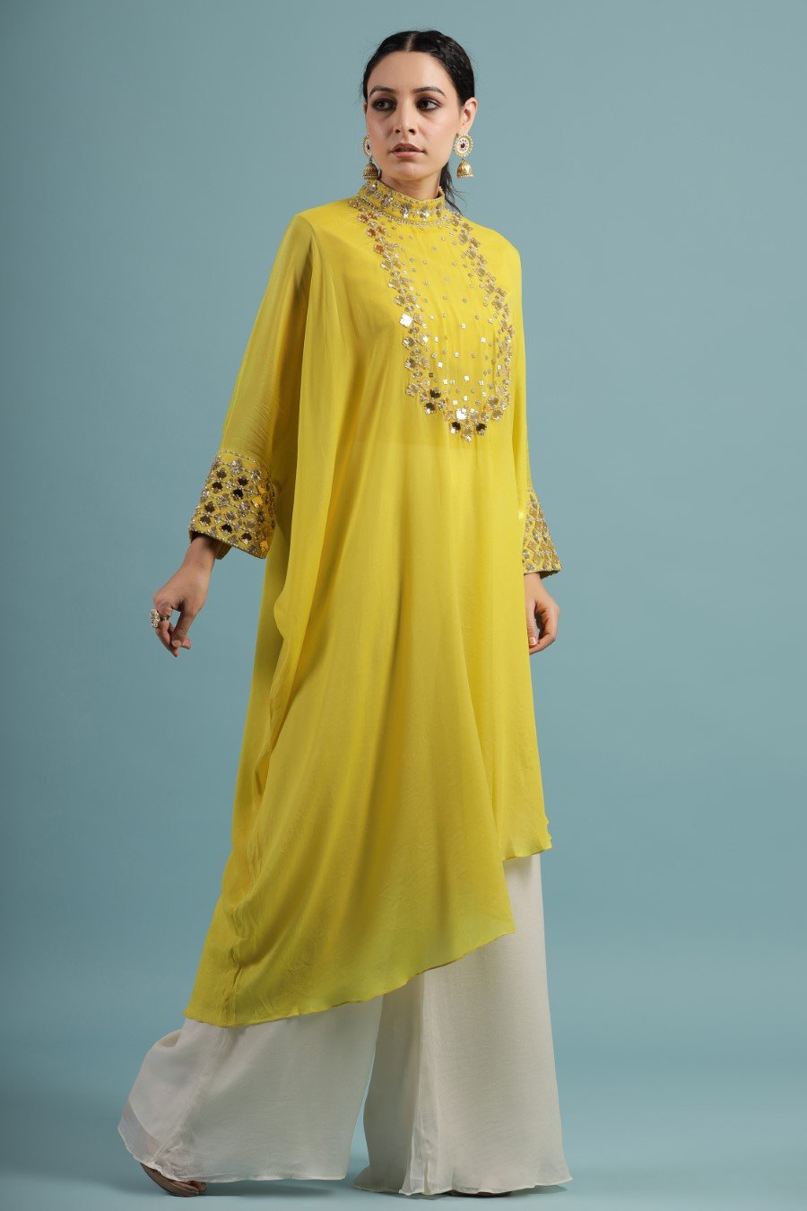 Corn Yellow Crystal Georgette Kaftan Tunic with Palazzo