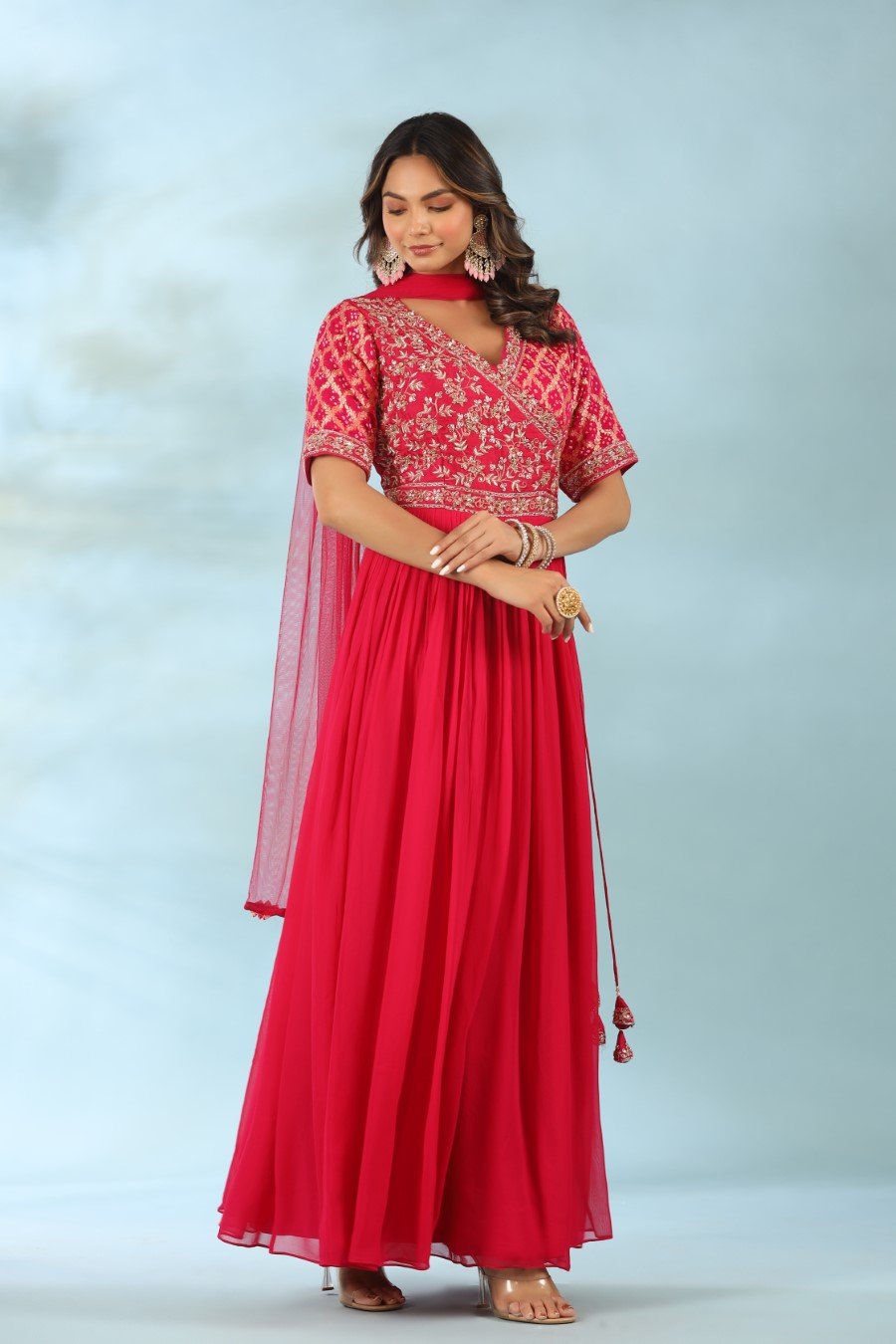 Deep Pink Hand Embriodered Anarkali with Dupatta