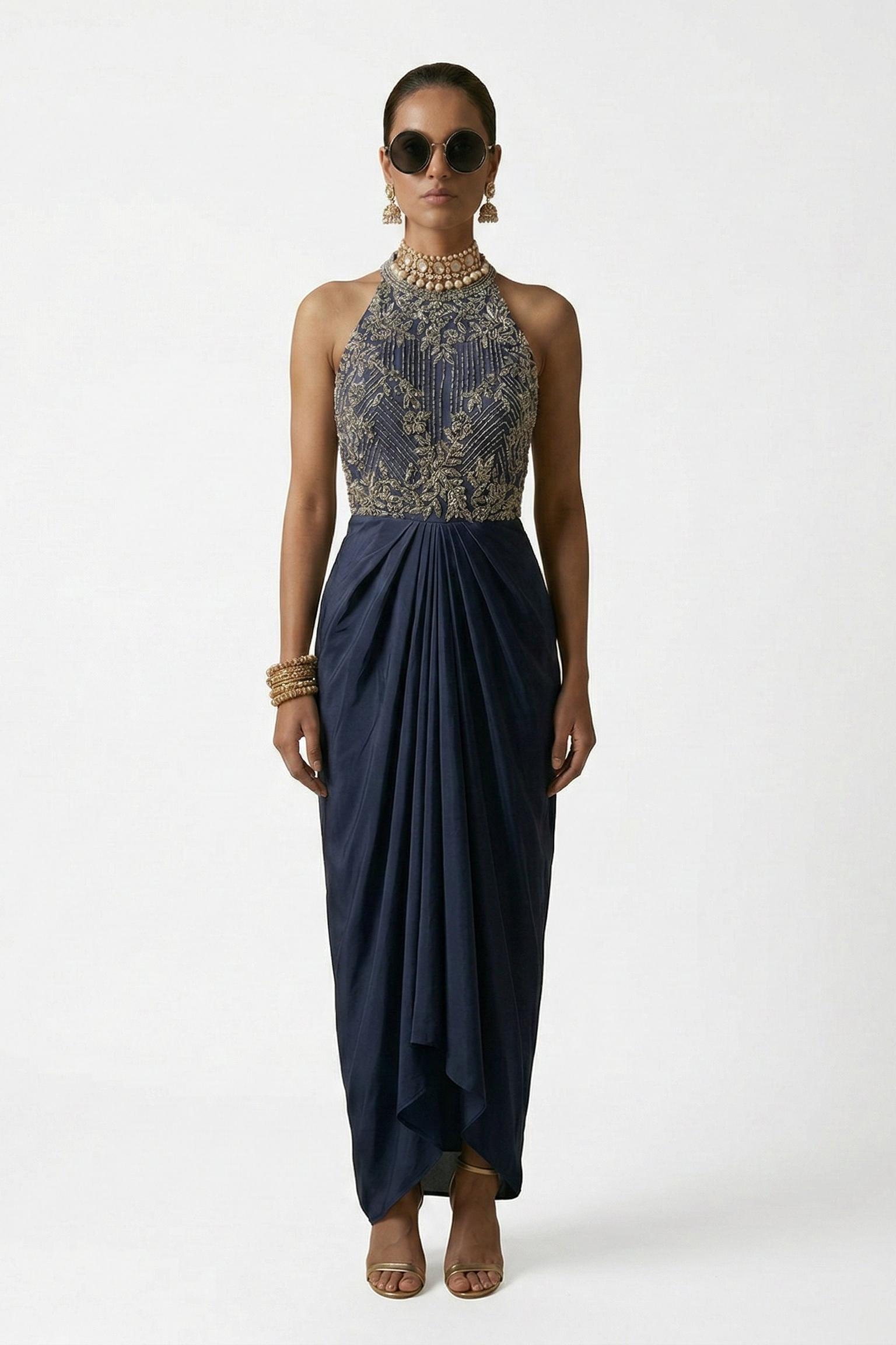 Celestial Silver Embellished Satin Silk Dress