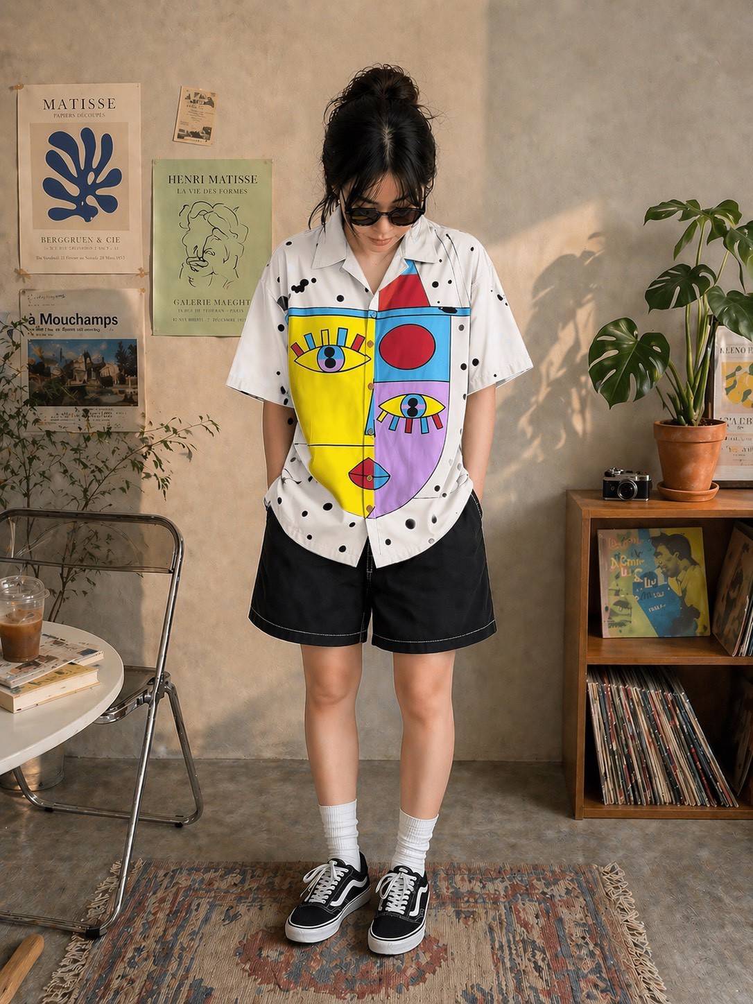 Canvas White Abstract Face Print Cotton Shirt