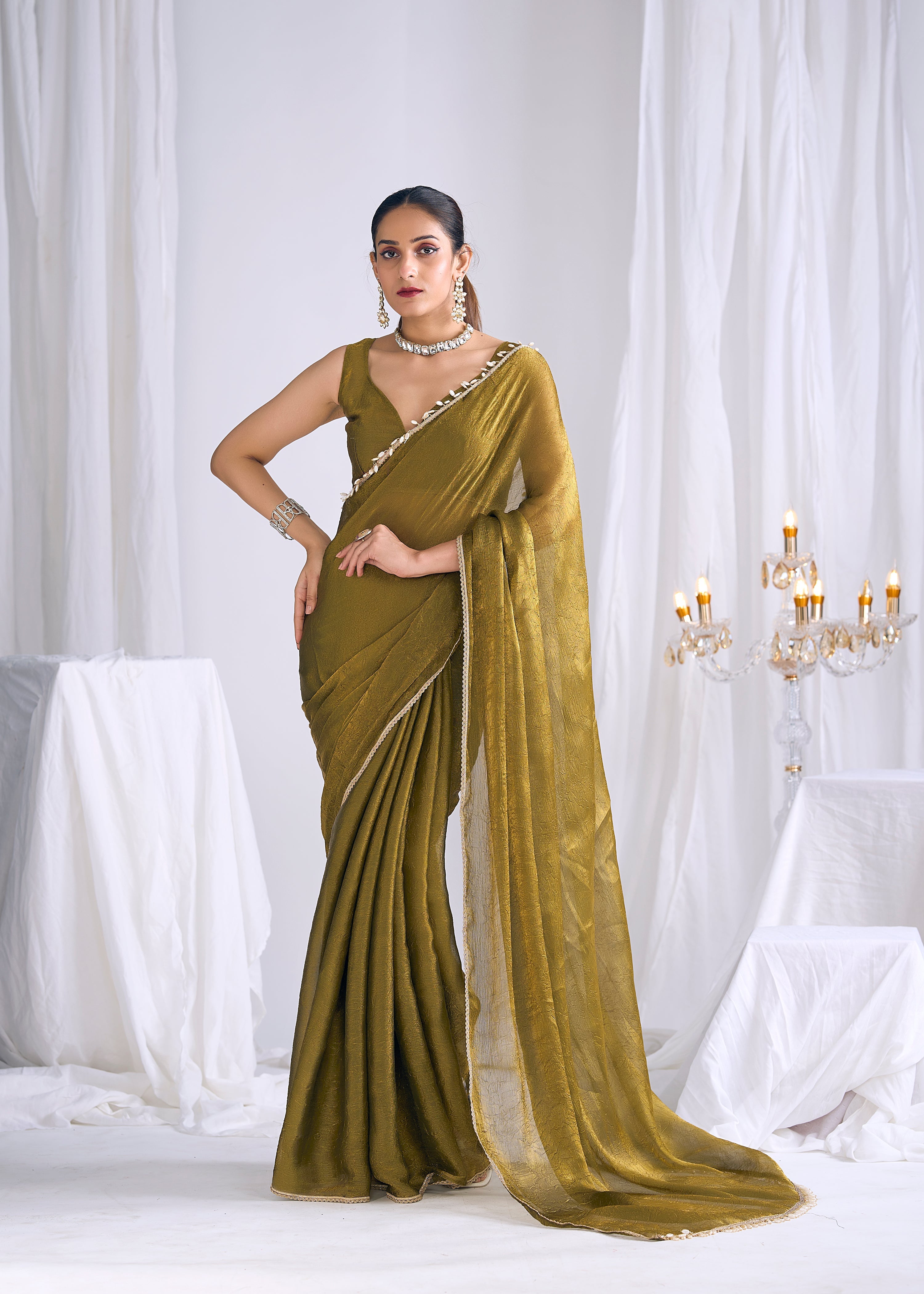 Olive Gold Embellished Premium Silk Saree