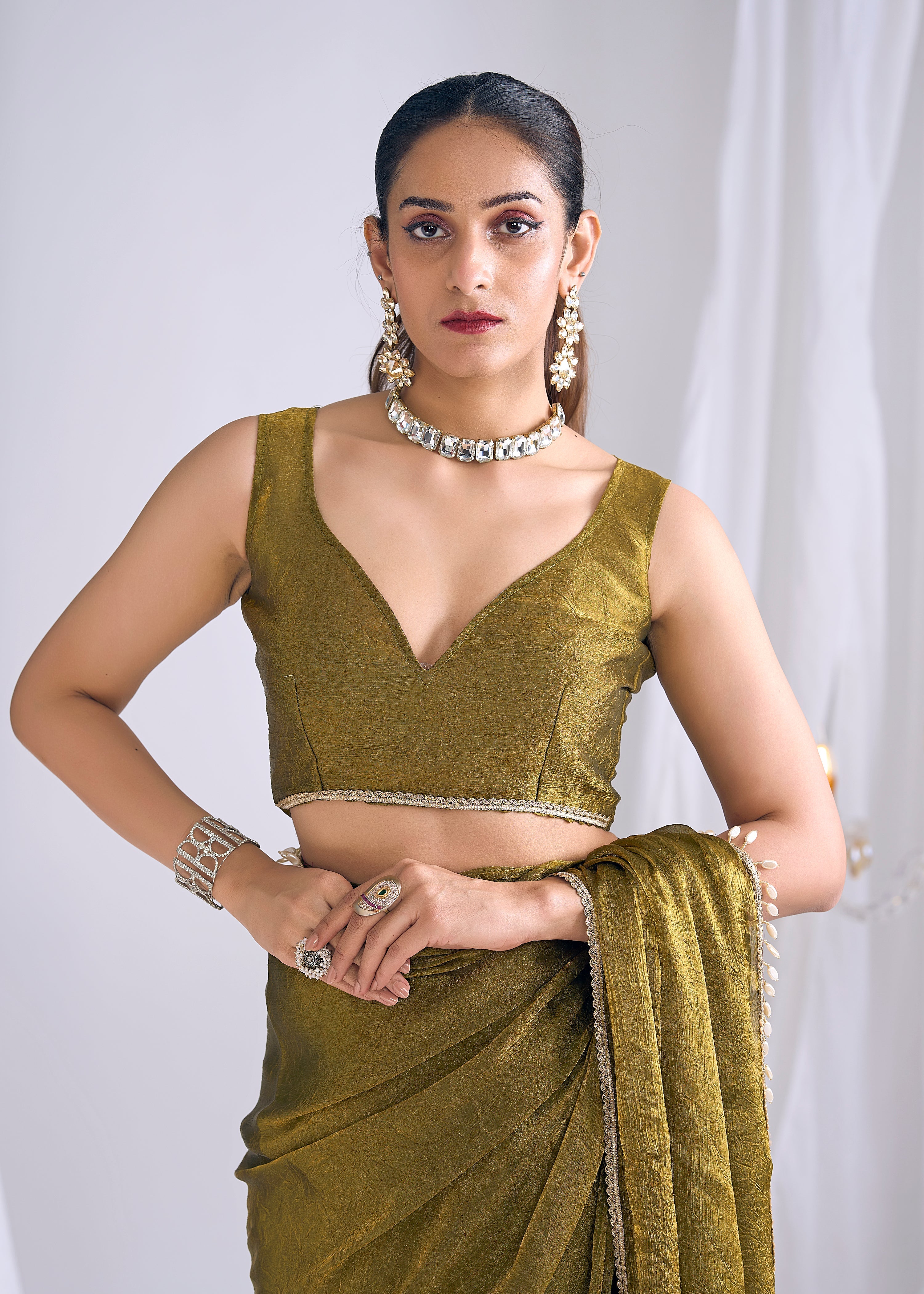 Olive Gold Embellished Premium Silk Saree