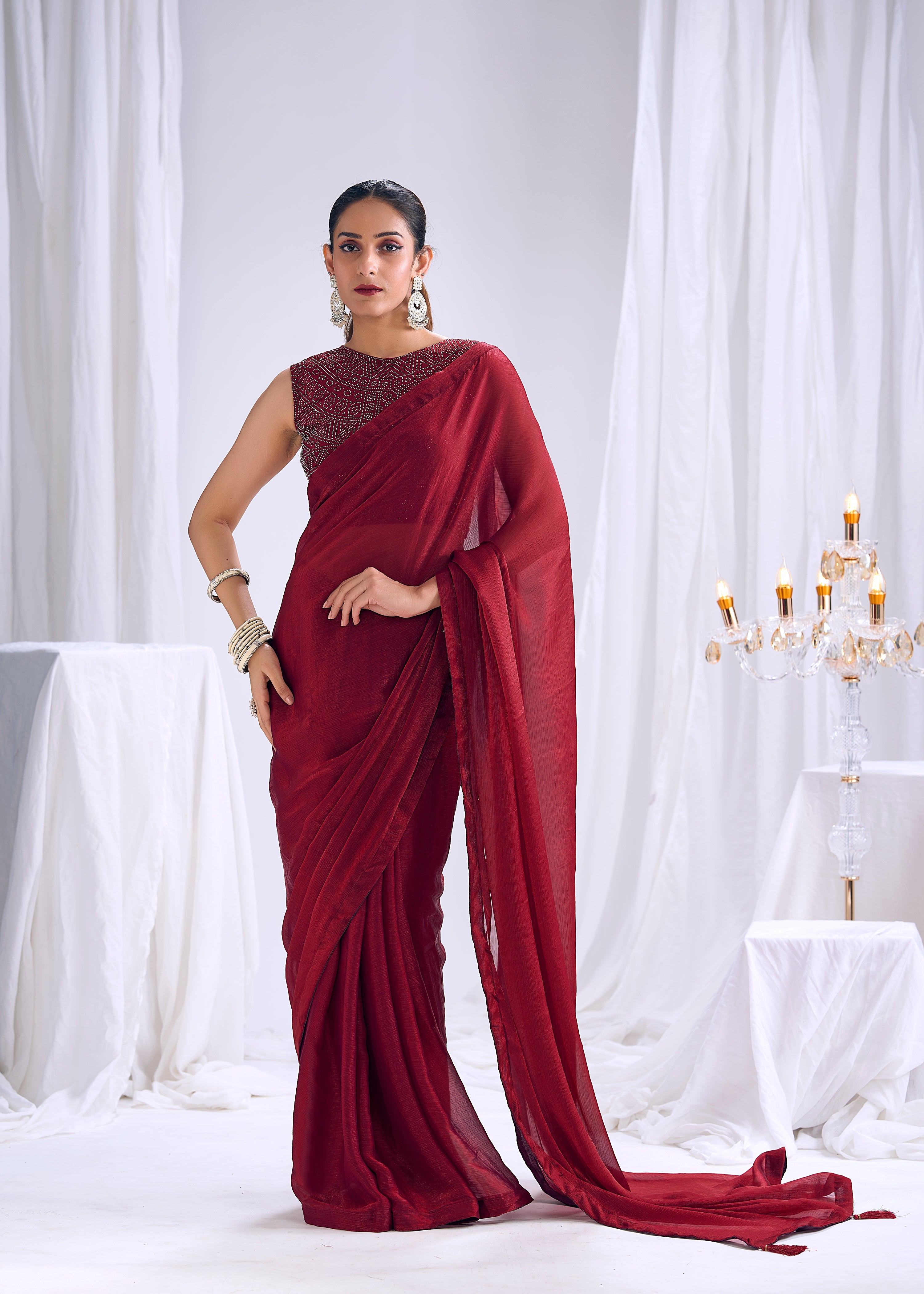 Crimson Shimmer Embellished Satin Silk Saree