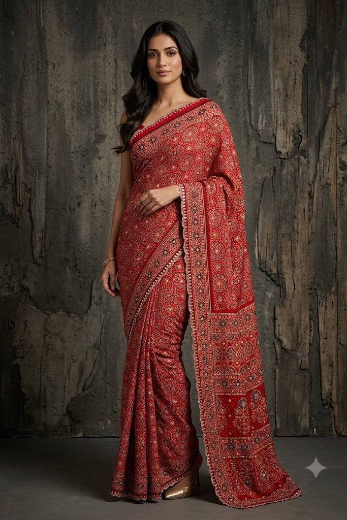 Crimson Ajrakh Printed Modal Silk Saree