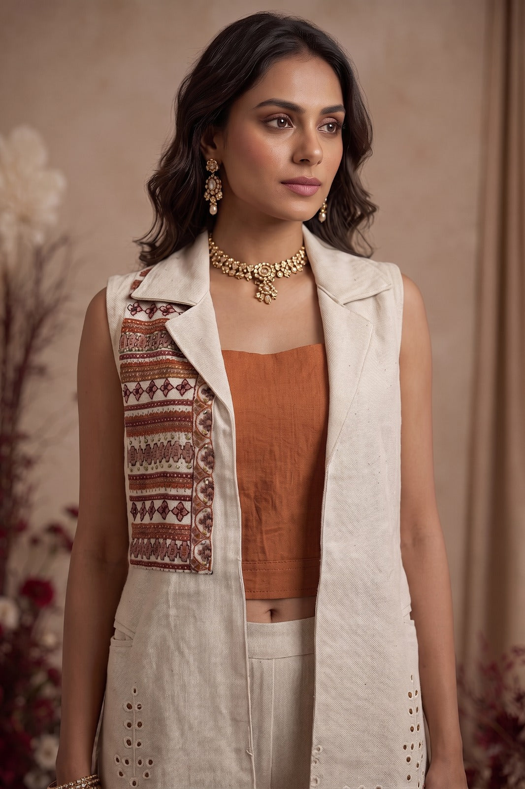 Rust Beige Woven Cotton Tweed Co-Ord Set