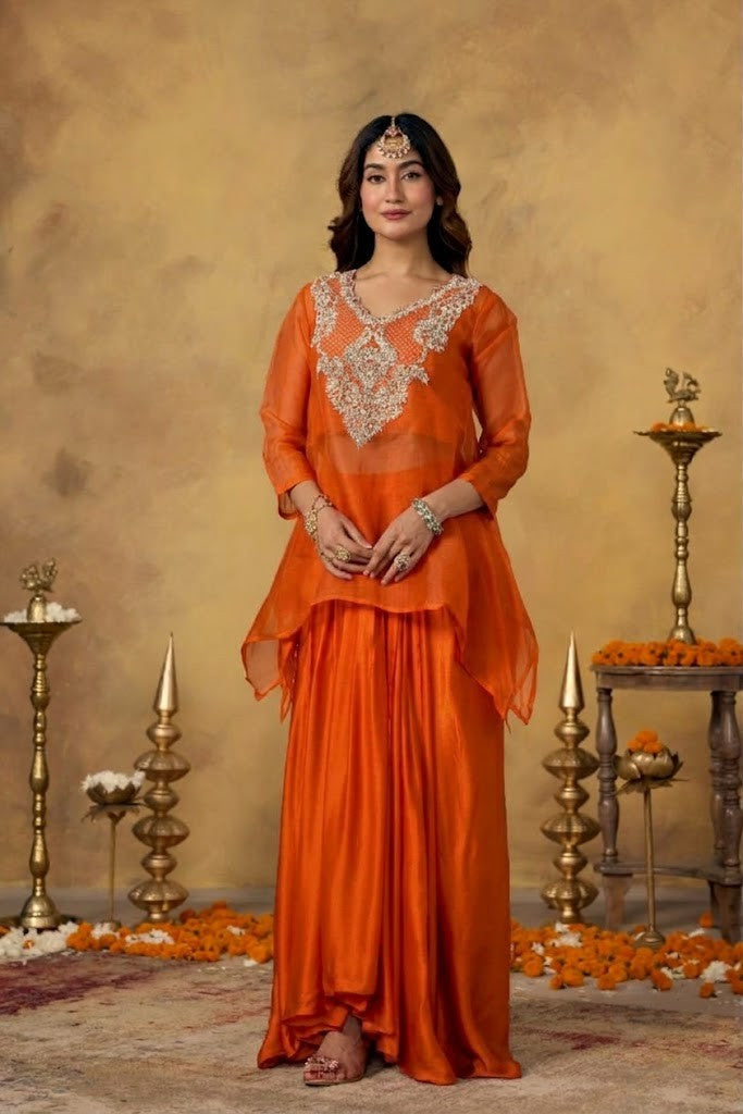 Bright Orange Embellished Satin Silk Skirt Set