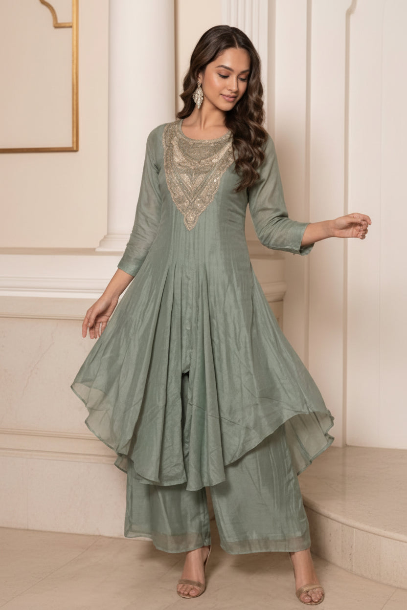 Frost Green Embellished Shimmer Organza Silk Palazzo Set