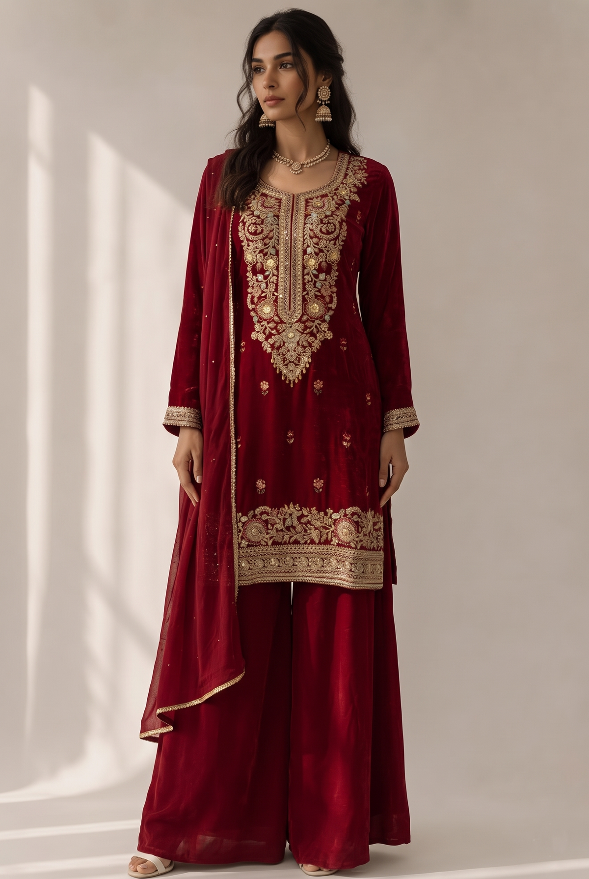 Deep Red Embellished Chinon Silk Palazzo Set