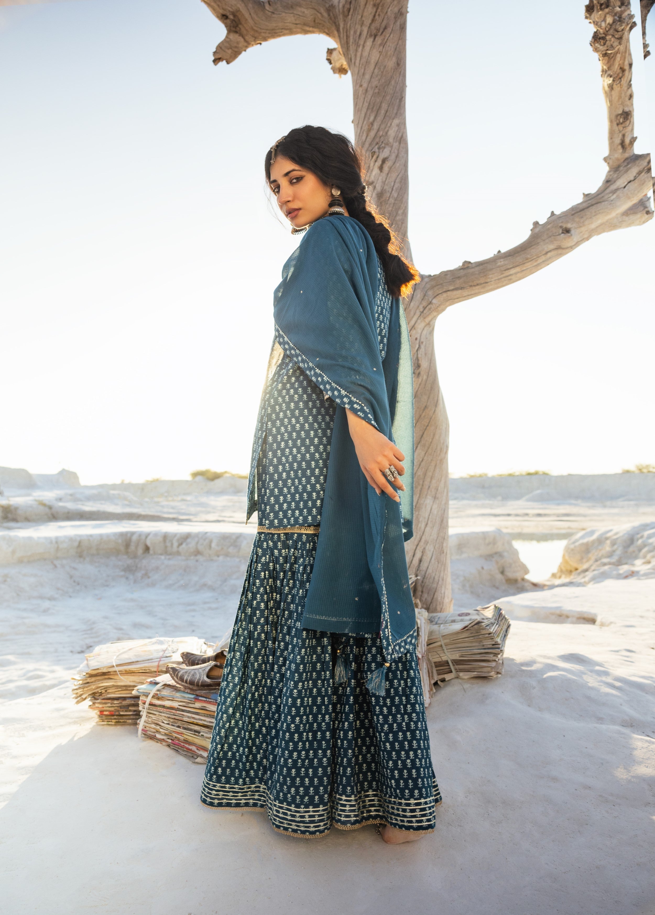 Teal Blue Block Printed Organic Cotton Sharara Set