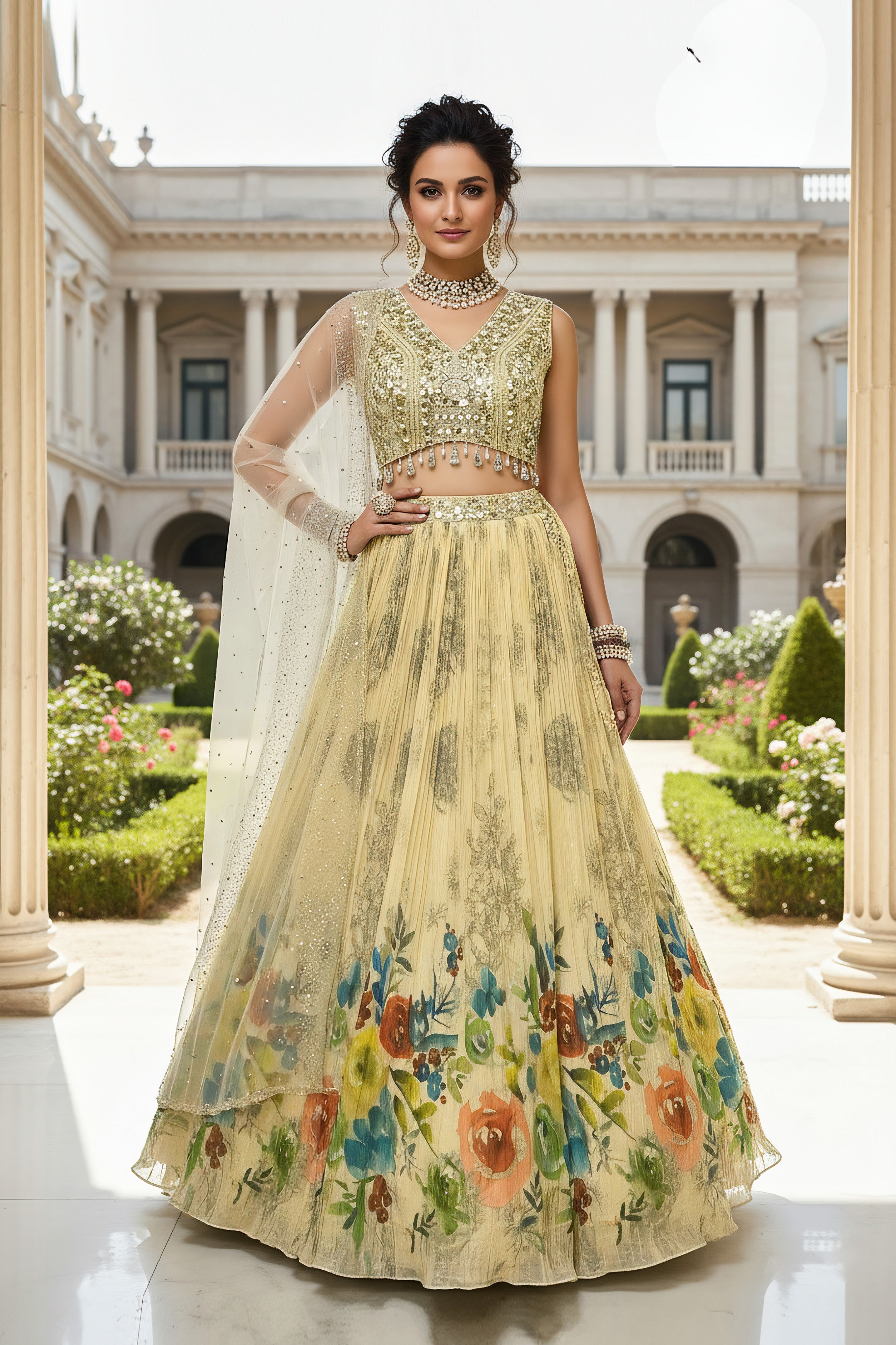 Pale Yellow Embellished Georgette Silk Lehenga Set