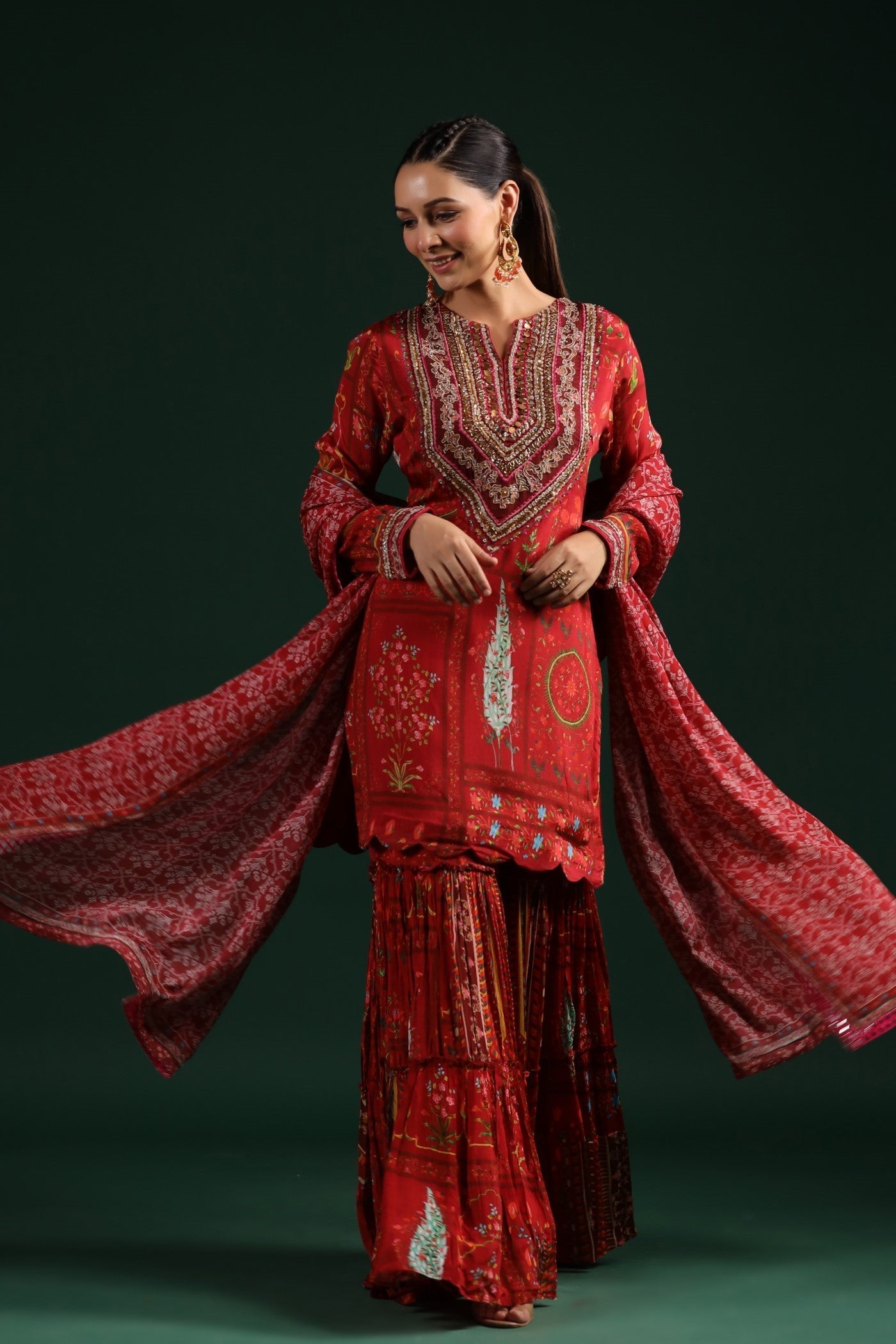 Ruby Red Wrinkled Chinon Silk Printed Sharara Set