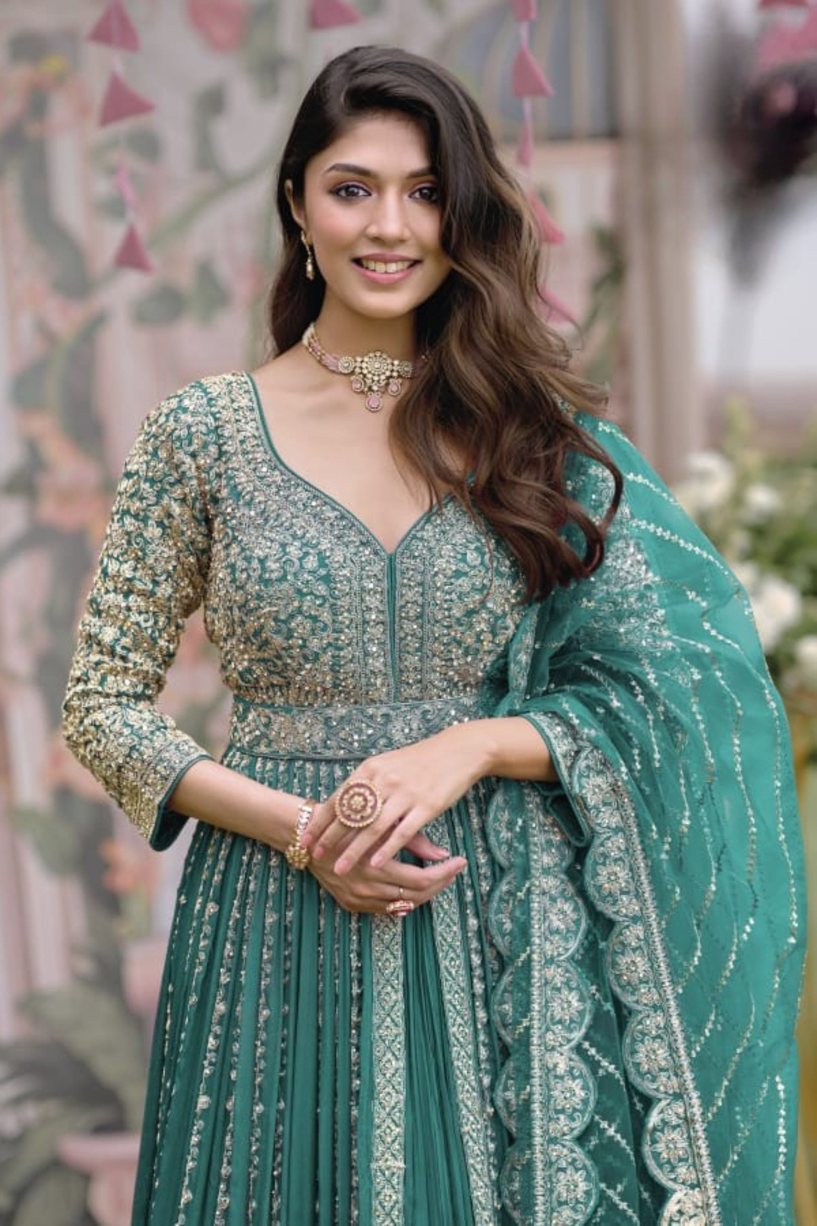 Teal Green Embellished Anarkali Set