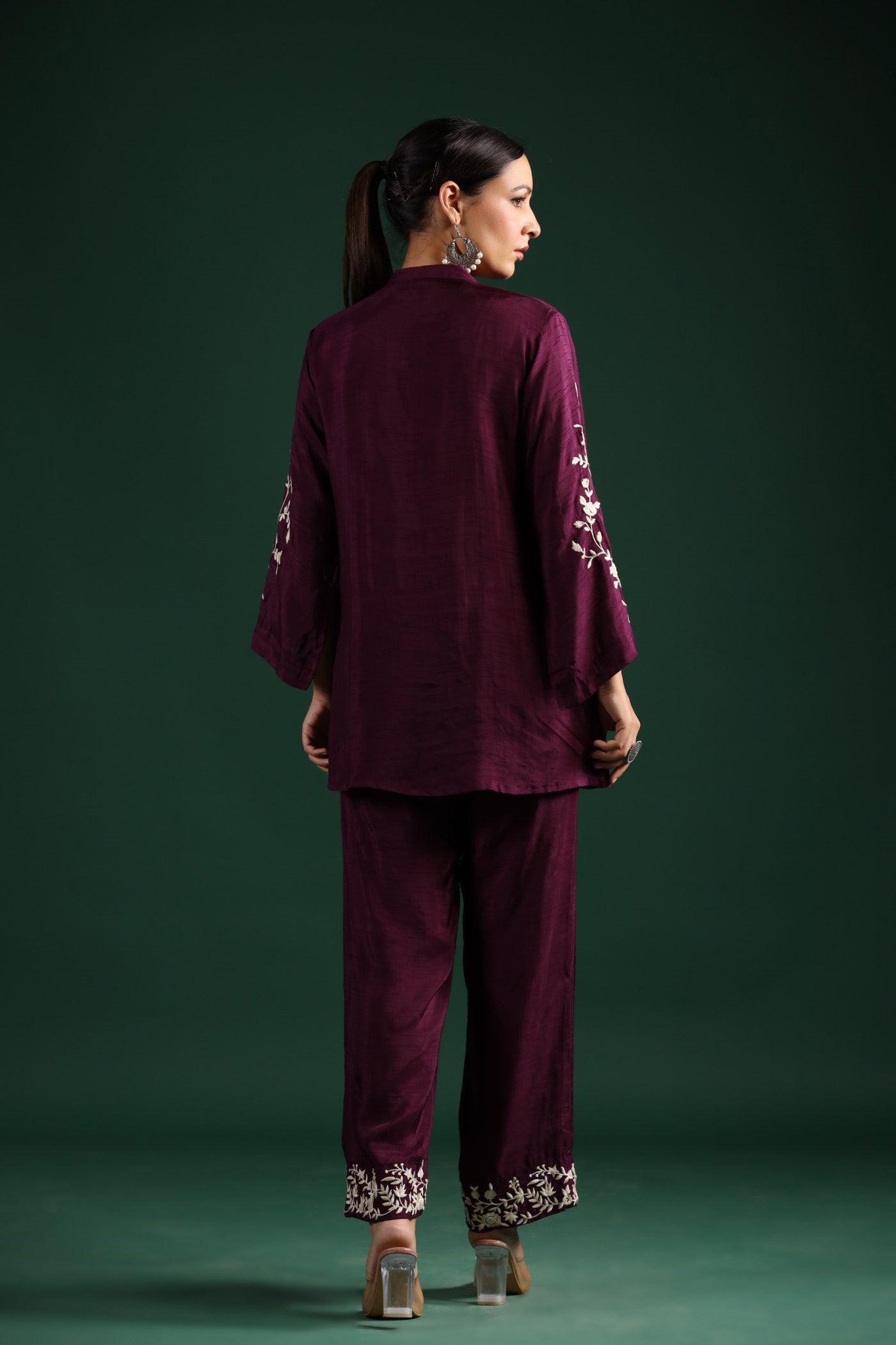 Wine Floral Embroidered Co-Ord Set