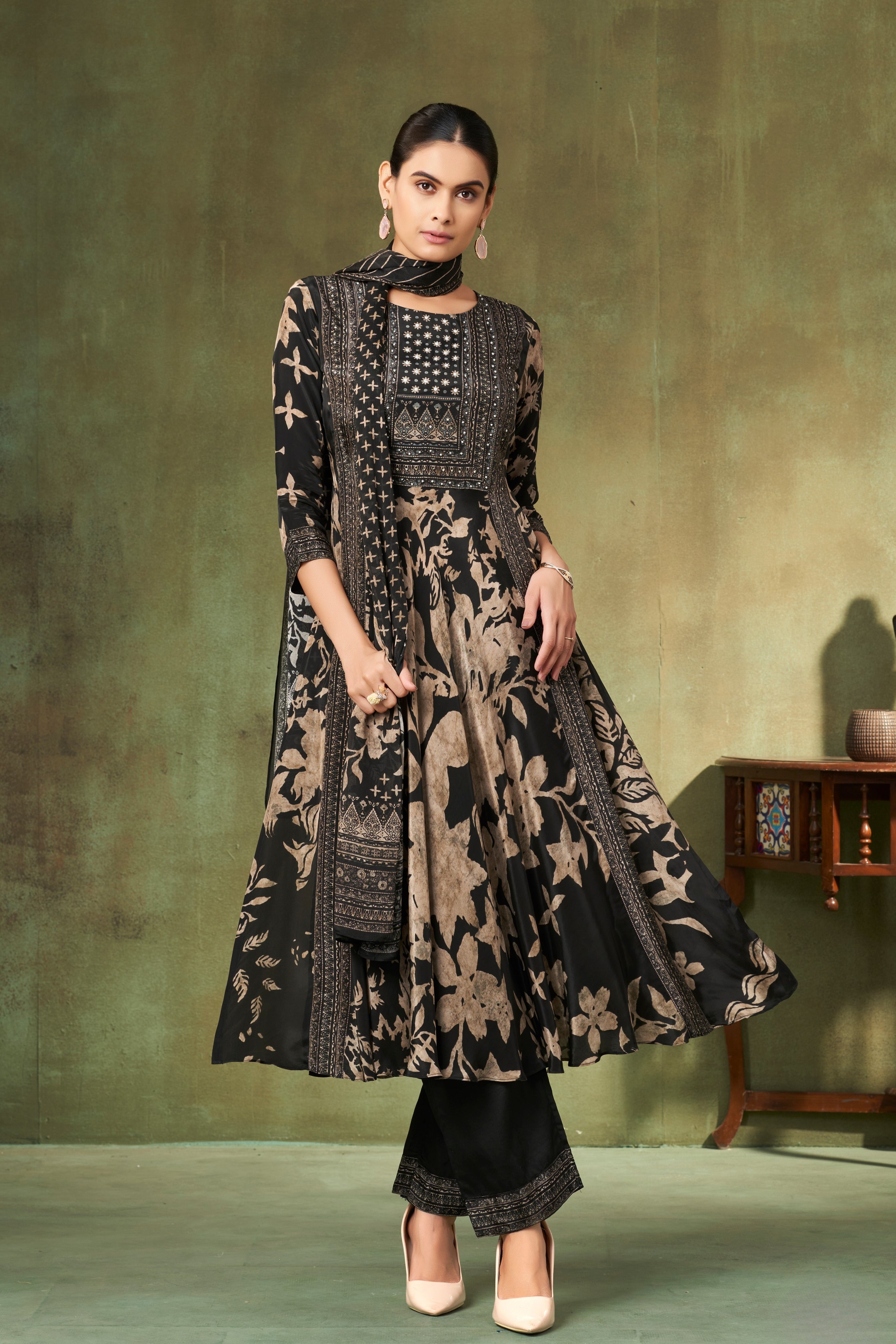 Sable Black Embellished Crepe Silk Pant Set