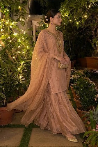 Dusty Rose Embellished Shimmer Tissue Silk Sharara Set