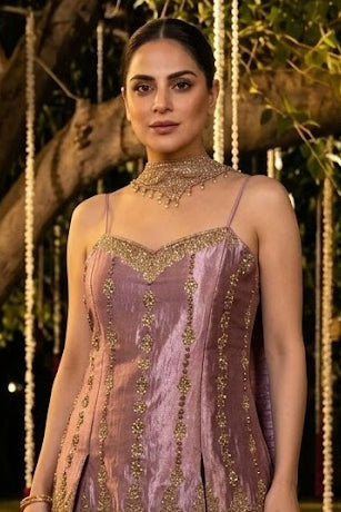 Rose Pink Embellished Shimmer Silk Palazzo Set