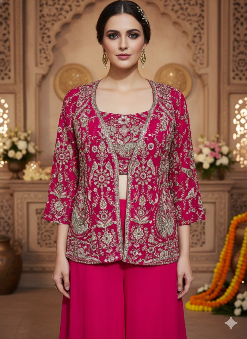 Rani Pink Embellished Georgette Silk Palazzo Set